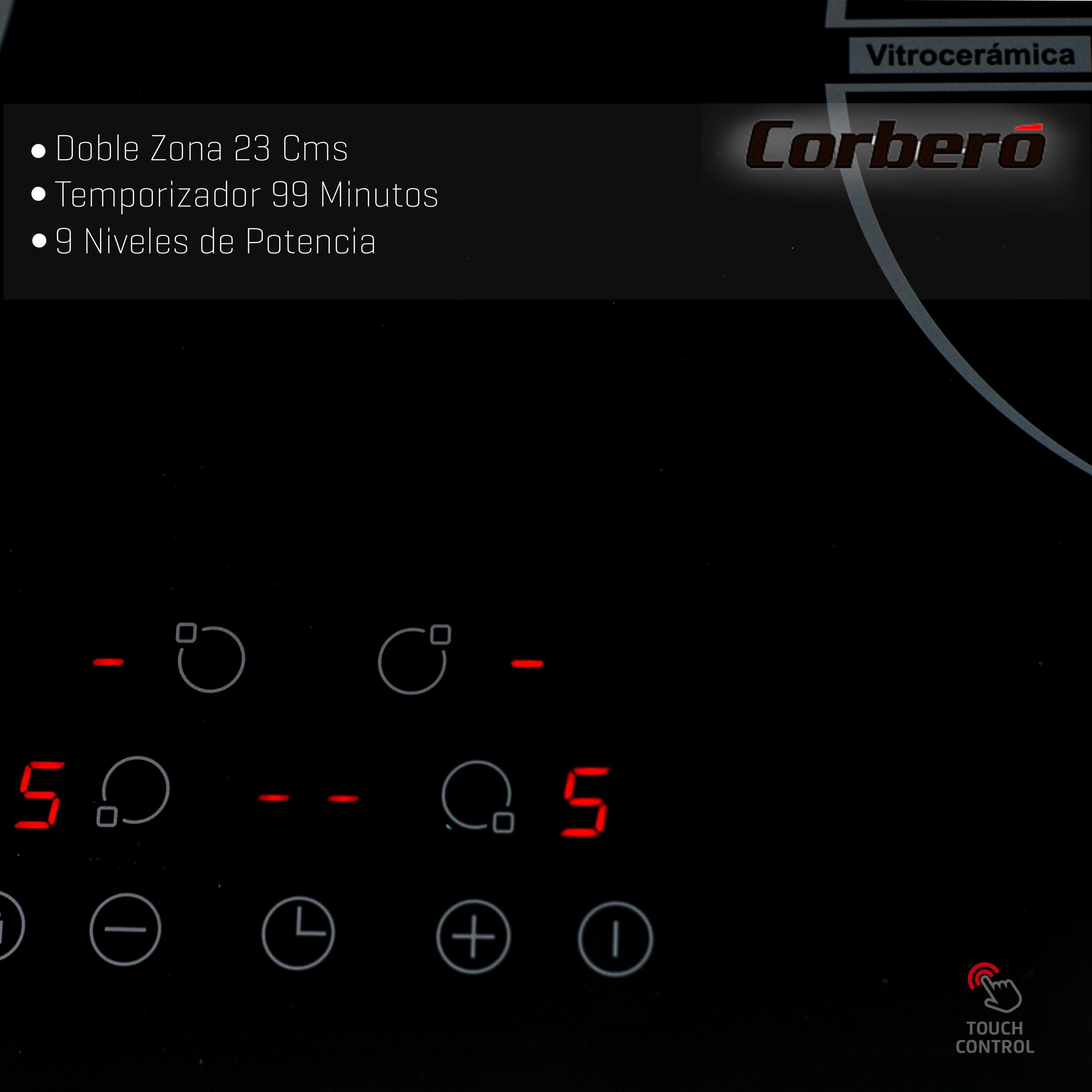 Corberó - Placas Vitrocerámica 520X590X55 | CCVBR6450| 6400W Potencia | Touch Control | 4 Zonas | 9 Niveles de Potencia | Temporizador 99 Min | Sistema de Seguridad | Vitrocerámica | Negro