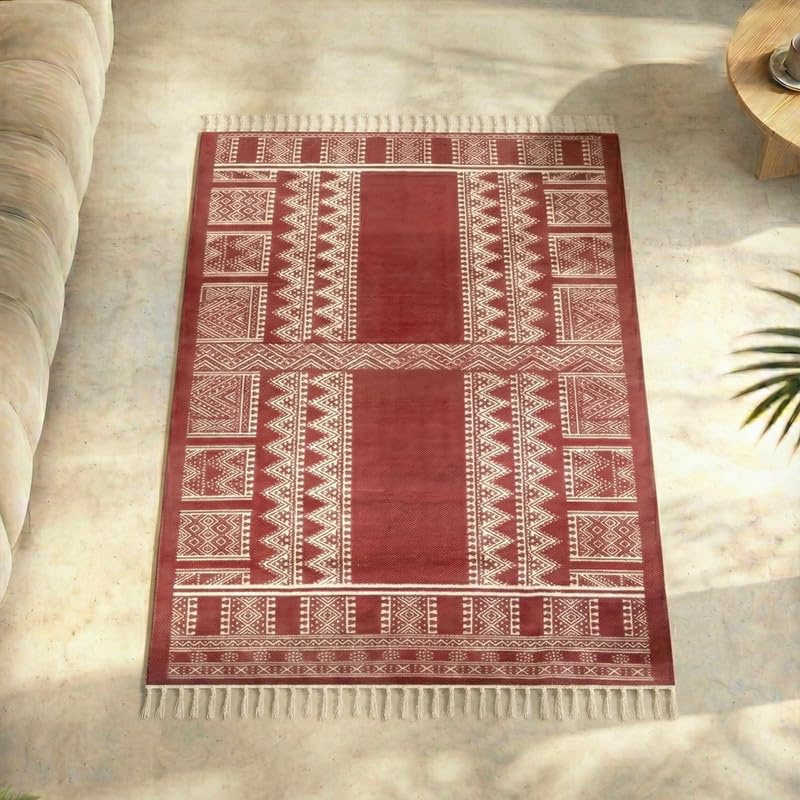 Peepul Tree Jaipuri Hand Block Printed Cotton Rug 3x5 Feet, Maroon | Living Room Carpet | Bedroom Floor Durrie | Soft & Durable Area Rug for Home Decor-image-36