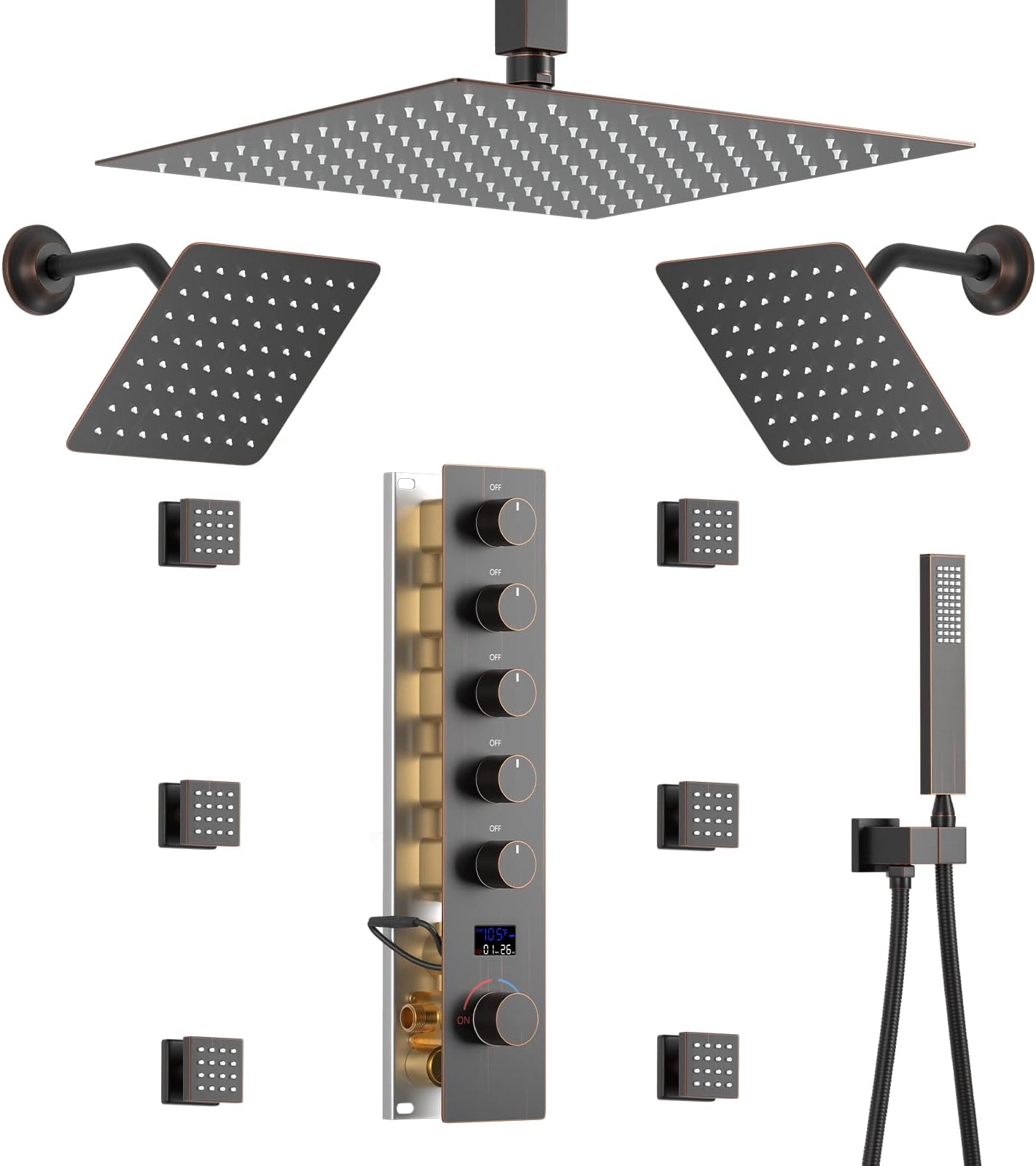 Triple Shower System with 12" Rainfall & 8" Body Jets Oil Rubbed Bronze Finish Handheld Sprayer Thermostatic Control & Temperature Display for Luxurious Bathing Experience