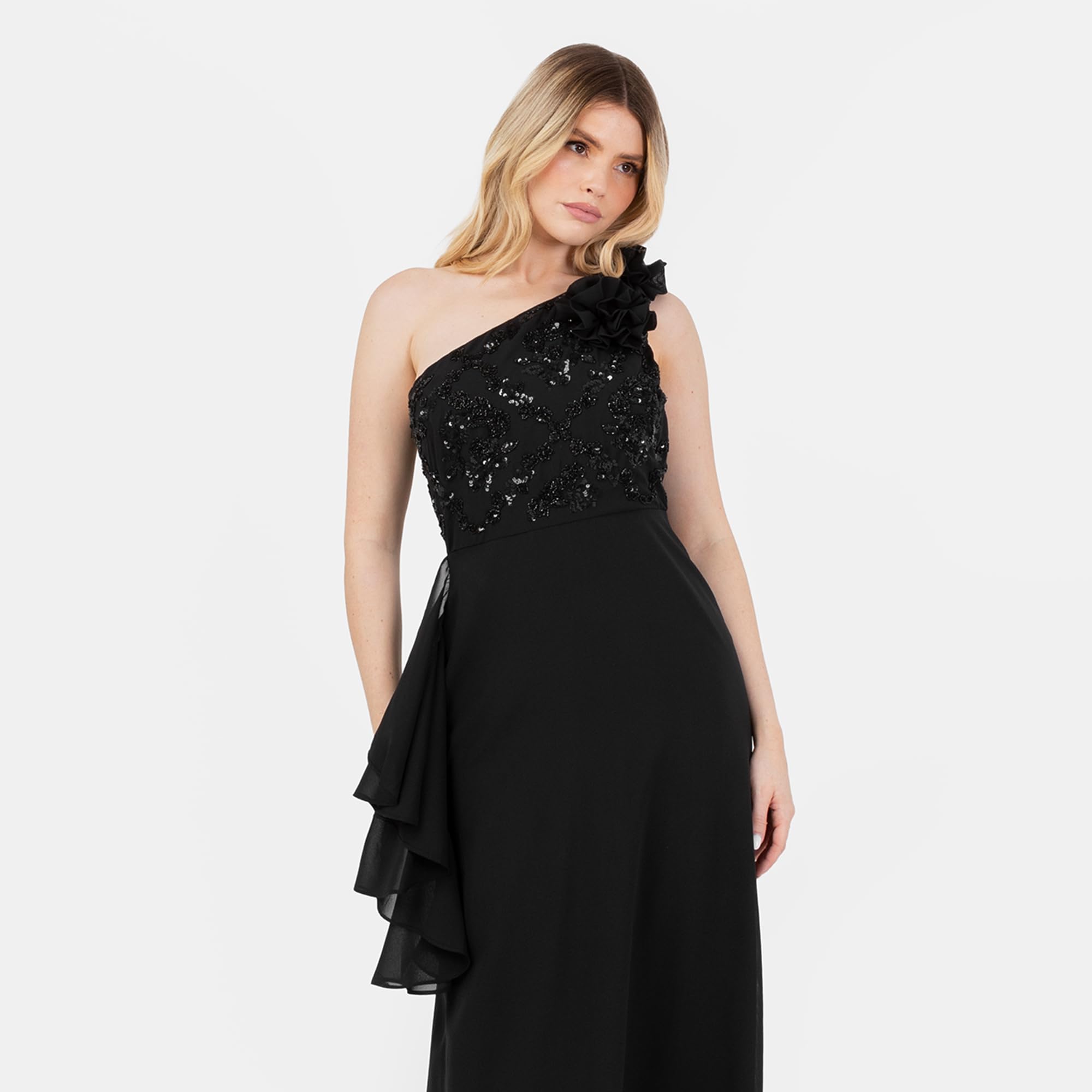 Maya Deluxe Women's Maxi Dress Ladies One Shoulder Necklline Sleeveless Sequin Embellished Rosette A-Line Evening Prom Ball Gown Vestito Donna