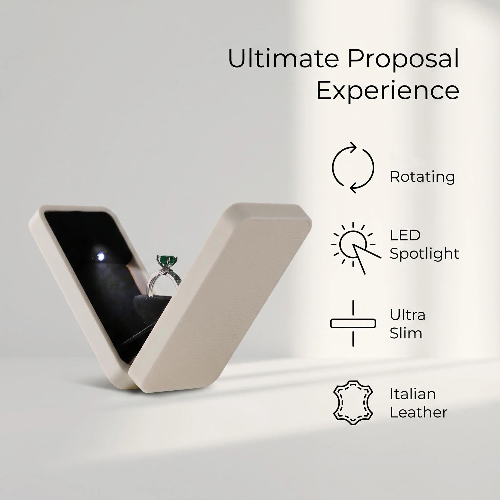 sunking Weiße italienische Leder drehbare Ringbox Slim Verlobungsringbox mit LED-Licht Antragsringbox für Hochzeit Verlobung
