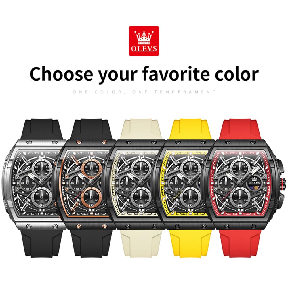 OLEVS Orologi da uomo, cronografo, grande, quadrato, al quarzo, analogico, cinturino in silicone, impermeabile, con data, orologio da polso da uomo