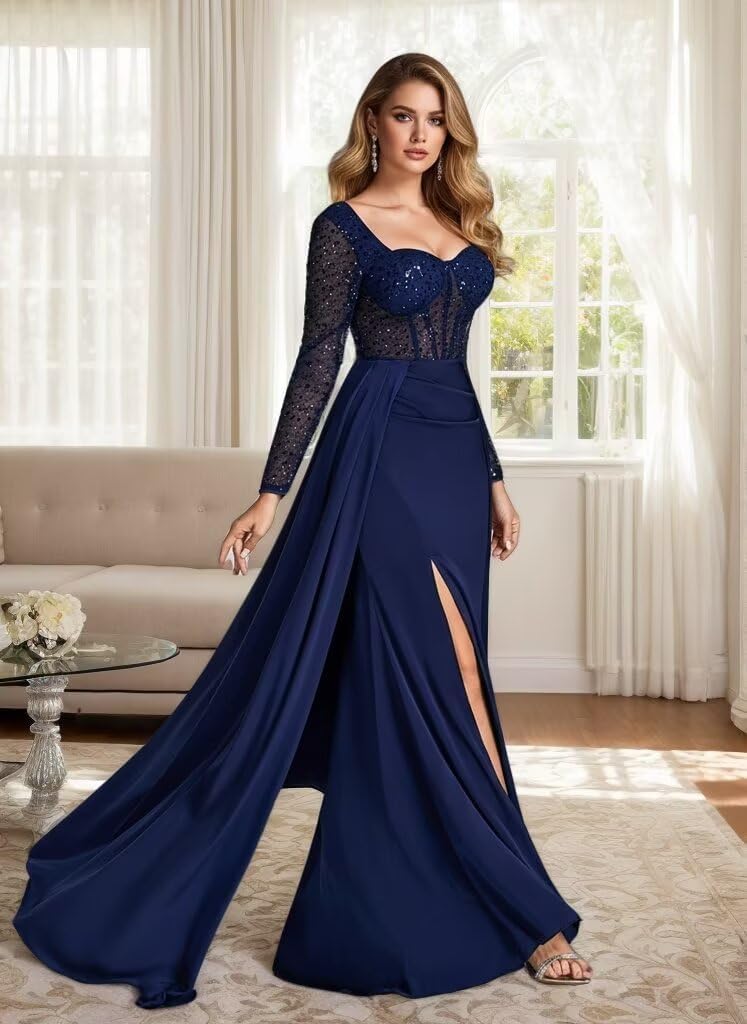 Long Sleeve Prom Dress 2026 Satin Square Neck Formal Gown with Slit Prom Wedding Party - Image 6