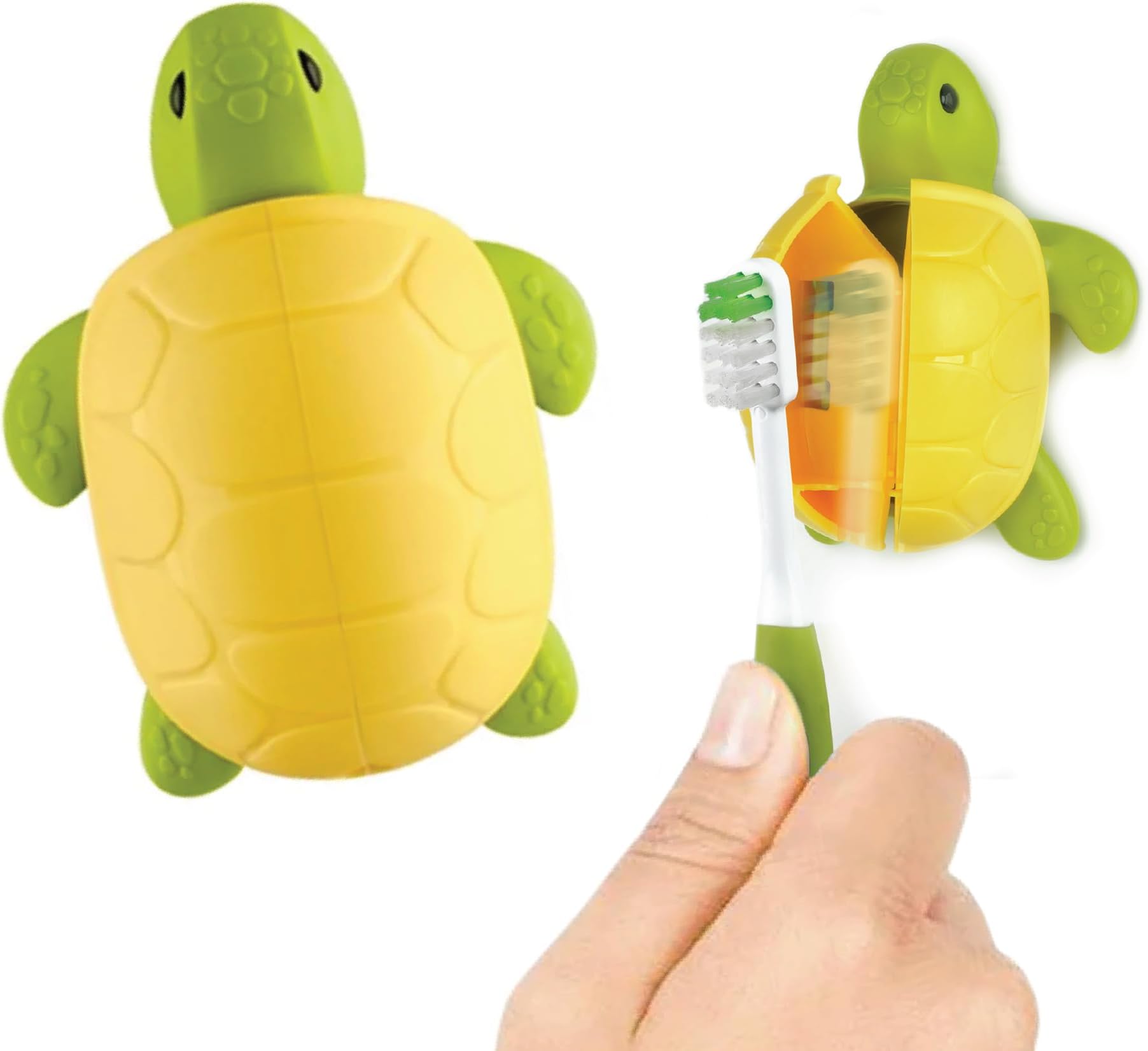 Flipper Fun Animal Turtle Toothbrush Cover, One Touch Open & Close,Suction Cup Toothbrush Holder for Mirrors, Glass or Tiles,Dust-proof Adorable Easy to Use,Made in Malaysia,Patented Design 3Y+