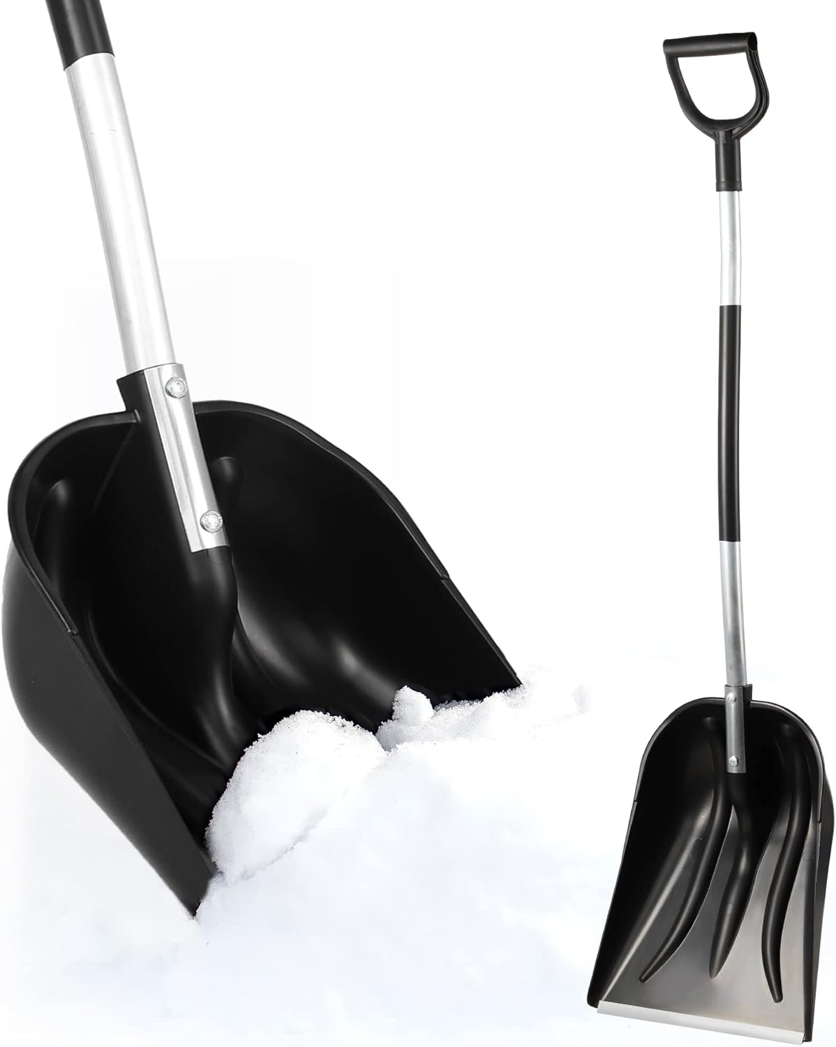 KADAX Pala de nieve con mango de aluminio, pala de nieve de 38 x 147,5 cm, mango ergonómico en D, voladizo de plástico con herraje de aluminio (negro)