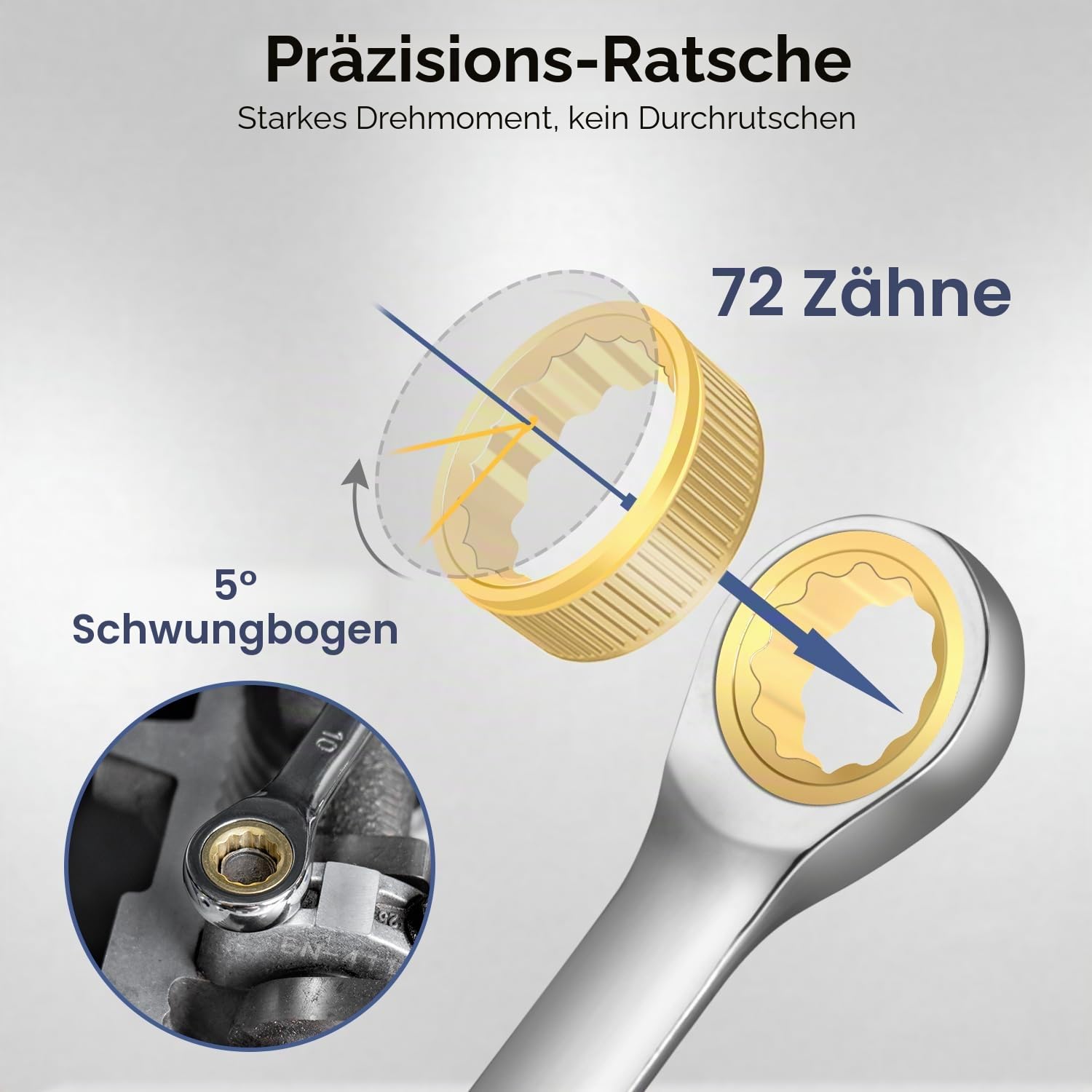 11TLG Ratschenschlüssel Set 6-19 mm, 72-Zähne-Gold-Ringmaulschlüssel Set, Cr-V-Stahl mit Rolltasche, für Fahrräder, Autos, Heimwerkerarbeiten, Metrisch Größe 6, 8, 9, 10, 11, 12, 13, 14, 15, 17, 19mm
