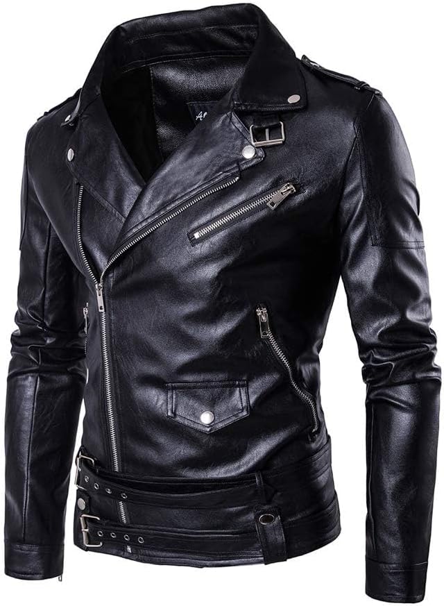 PASOK Men's PU Leather Jacket Causal Belted Faux Leather Motorcycle Jacket Zipper Biker Coat - Image 2