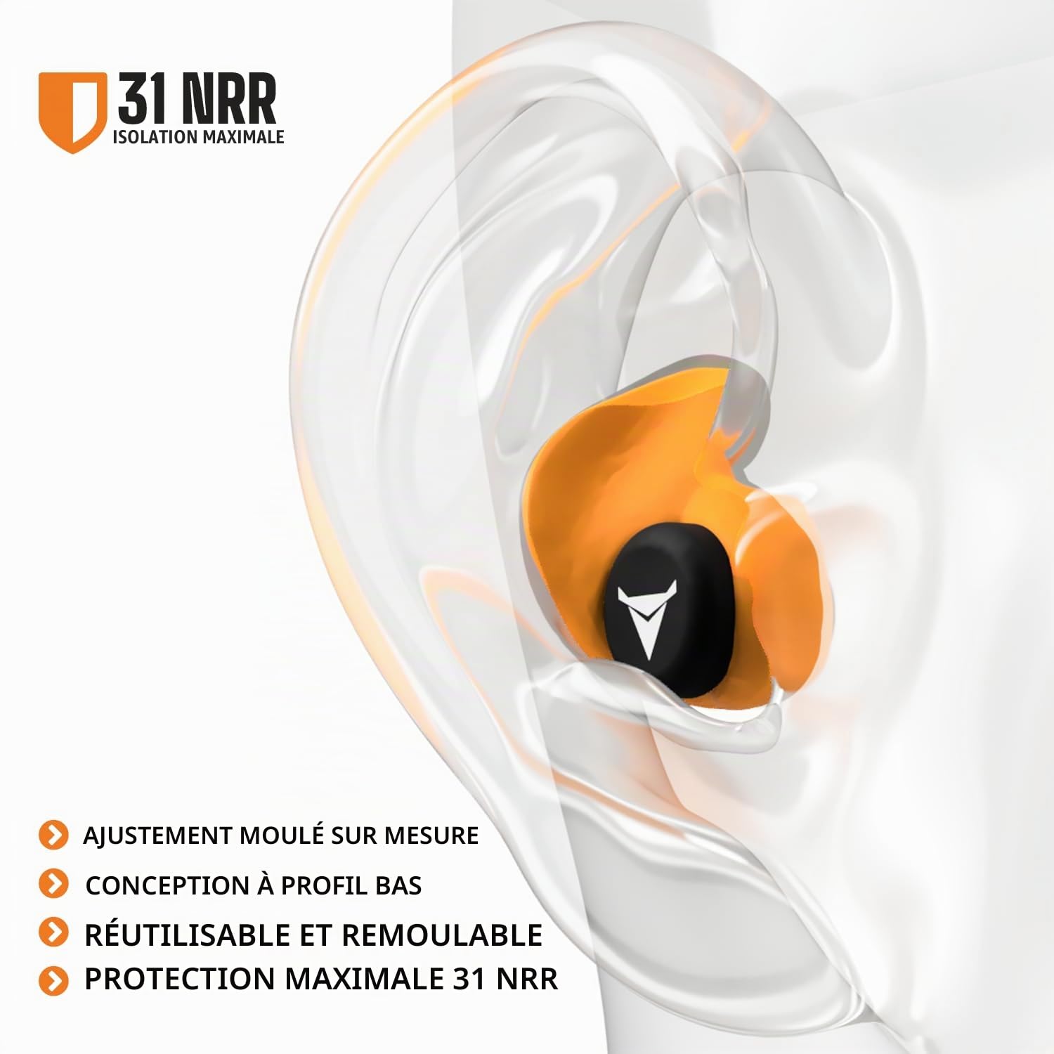 Decibullz Bouchons d'oreille Pro 31 dB NRR réutilisables avec outil de moulage, étui de transport et cordon. Protection auditive pour le tir, les chantiers, les voyages, les sports automobiles et une