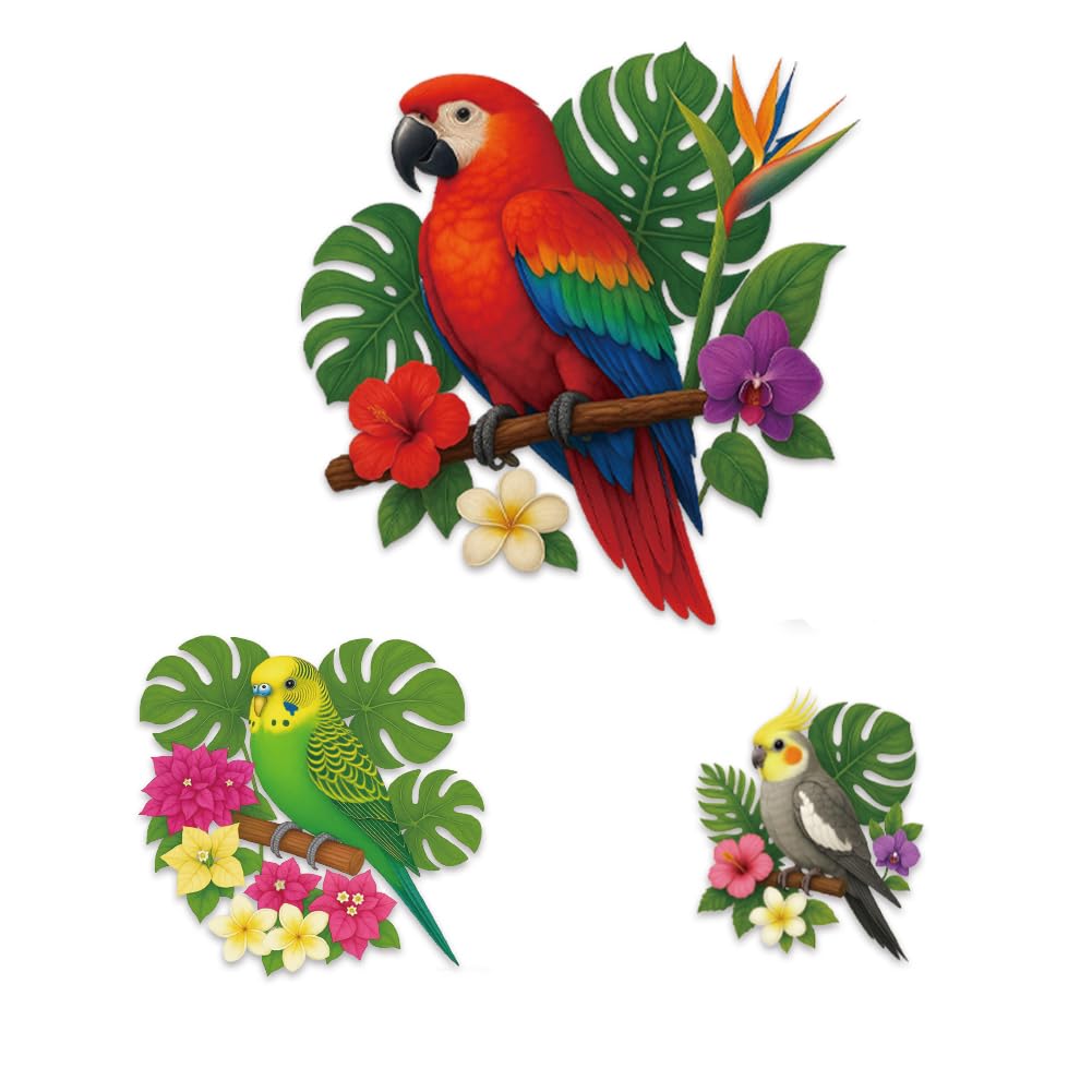 GOMAKERER 3 Pcs Colorful Parrot Wall Decor, 3 sizes Tropical Bird Parrot Outdoor Wall Art Leaves with Birds Indoor Outdoor Wall Decor for Fence Garden Courtyard Decoration(3 Sizes)