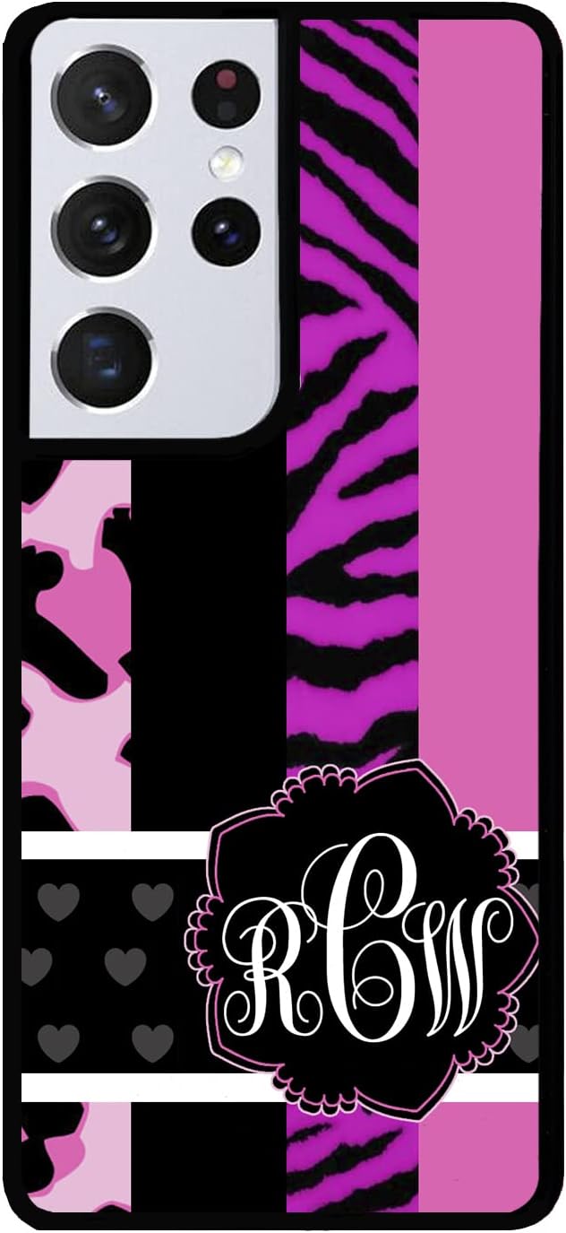 Leopard Zebra Personalized Monogram Black Rubber Phone Case Compatible With Samsung Galaxy S25 S25FE S25+ S25 Ultra S24 S24+ S24 Ultra S24FE, S23 FE S23+ Ultra S22 S22+