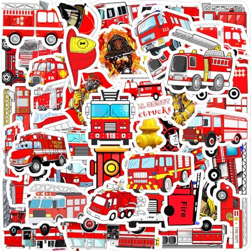 Aufkleber Pack,Feuerwehrwagen Aufkleber 50 PCS Wasserdicht Laptop Aufkleber für Auto Mottoräde Fahrrad Skateboard Gepäck Laptop Computer