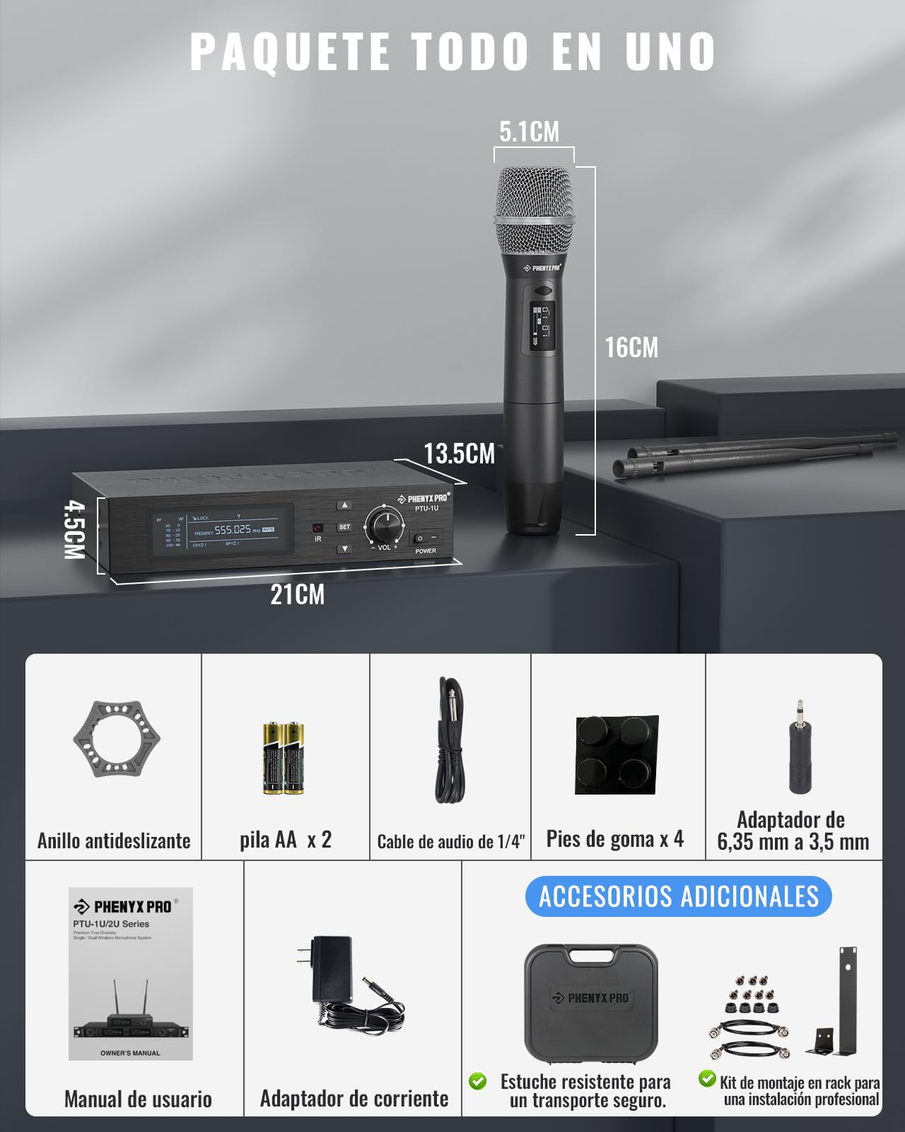 Phenyx Pro Sistema de Micrófono Inalámbrico UHF Canal Único PTU-1U-1H | True Diversity, Auto Scan, 1000 canales ajustables, Alcance 328 ft, Sincronización IR, Mic de mano dinámico