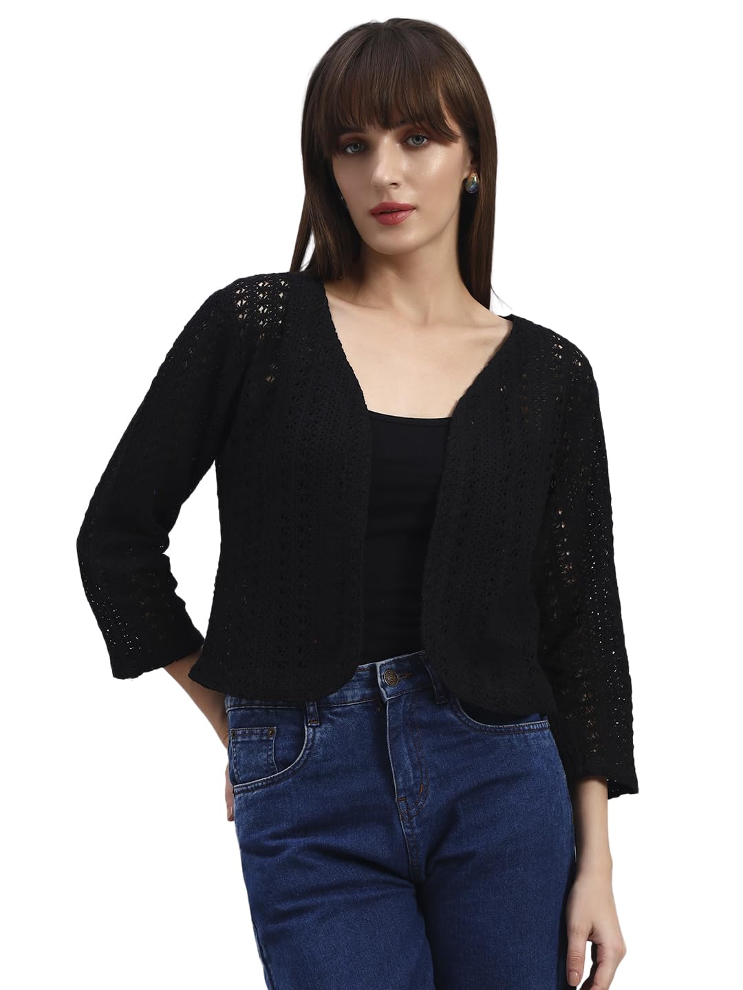 Women’s Black Lace Cotton Shrug | 3/4th Sleeve Self-Design Jacket Style-image-19
