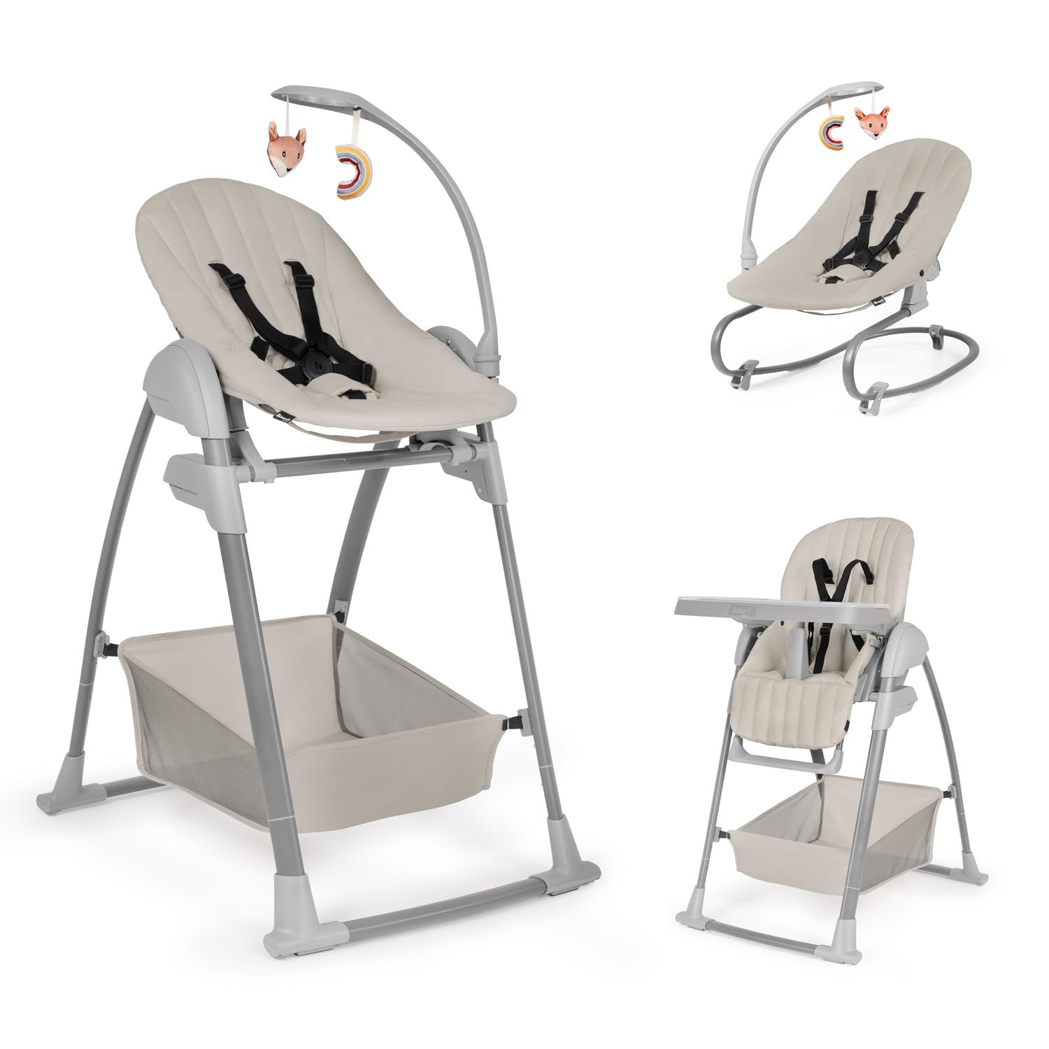 hauck Sit N Relax 3in1, Beige - Seggiolone Pappa Evolutivo da 0 Mesi a 15 kg con Sdraietta con Arco Giochi e Seduta con Vassoio Regolabili in Altezza, Ruote, Pieghevole, Cesto Portaoggetti