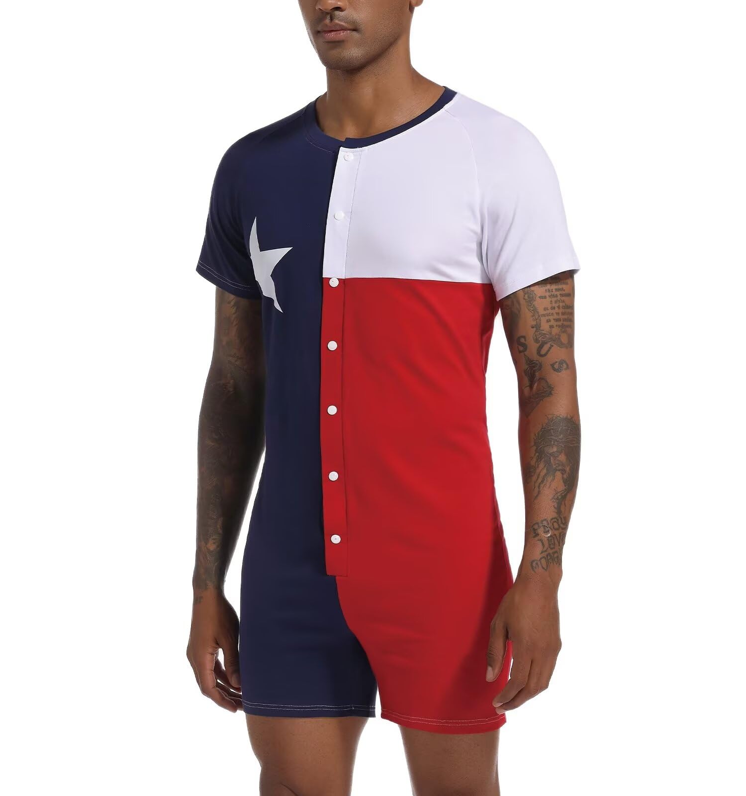 Landofgenie Męskie Body Onesie Bawełniane Jednoczęściowe Piżamy z Guzikami w Kroczu Piżama Czerwona Niebieska Kontrastująca
