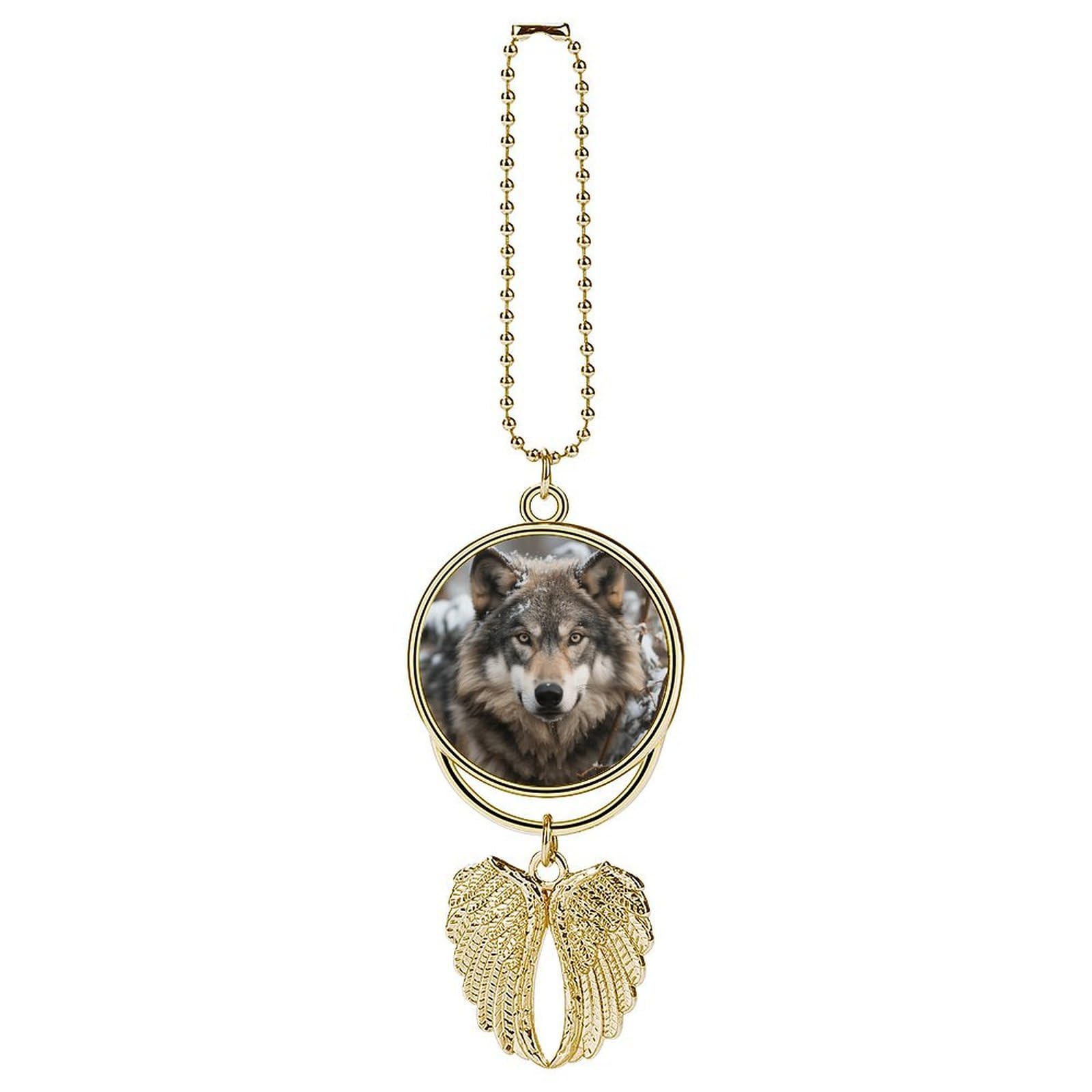 Lmage of Wolf in The Snow Car Pendant Car Rearview Mirror Pendant Custom Photo Car Hanging Ornament Car Rear View Mirror Hanging Accessories Angel Wing Car Charm Gift for Men Women