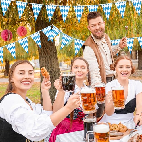 Image of 100 FT Oktoberfest Party Decorations, 3 Pack Pre-assemble Pennant Banner Flags, Plastic Blue and White Checkered Hanging Oktoberfest Decor German Bavarian Beer Festival Indoor Outdoor Party Supplies