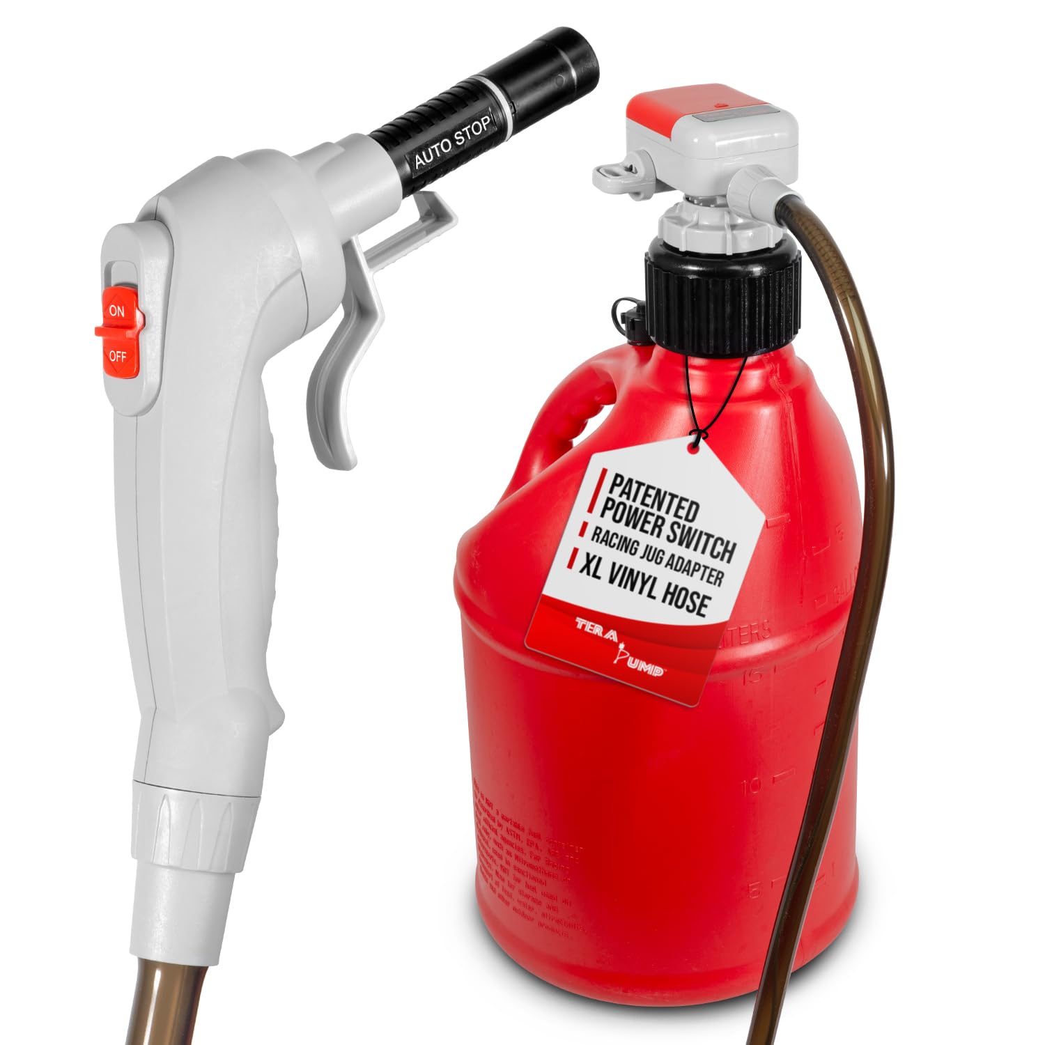 Auto Stop Fuel Pump w/ 51.2" Vinyl Hose - 2x Protection, US Patented Power Switch Nozzle, Flexible Intake Hose, Built-In Adapter (+ Utility Jug Adapter), for Gasoline, Diesel (2.3 GPM)