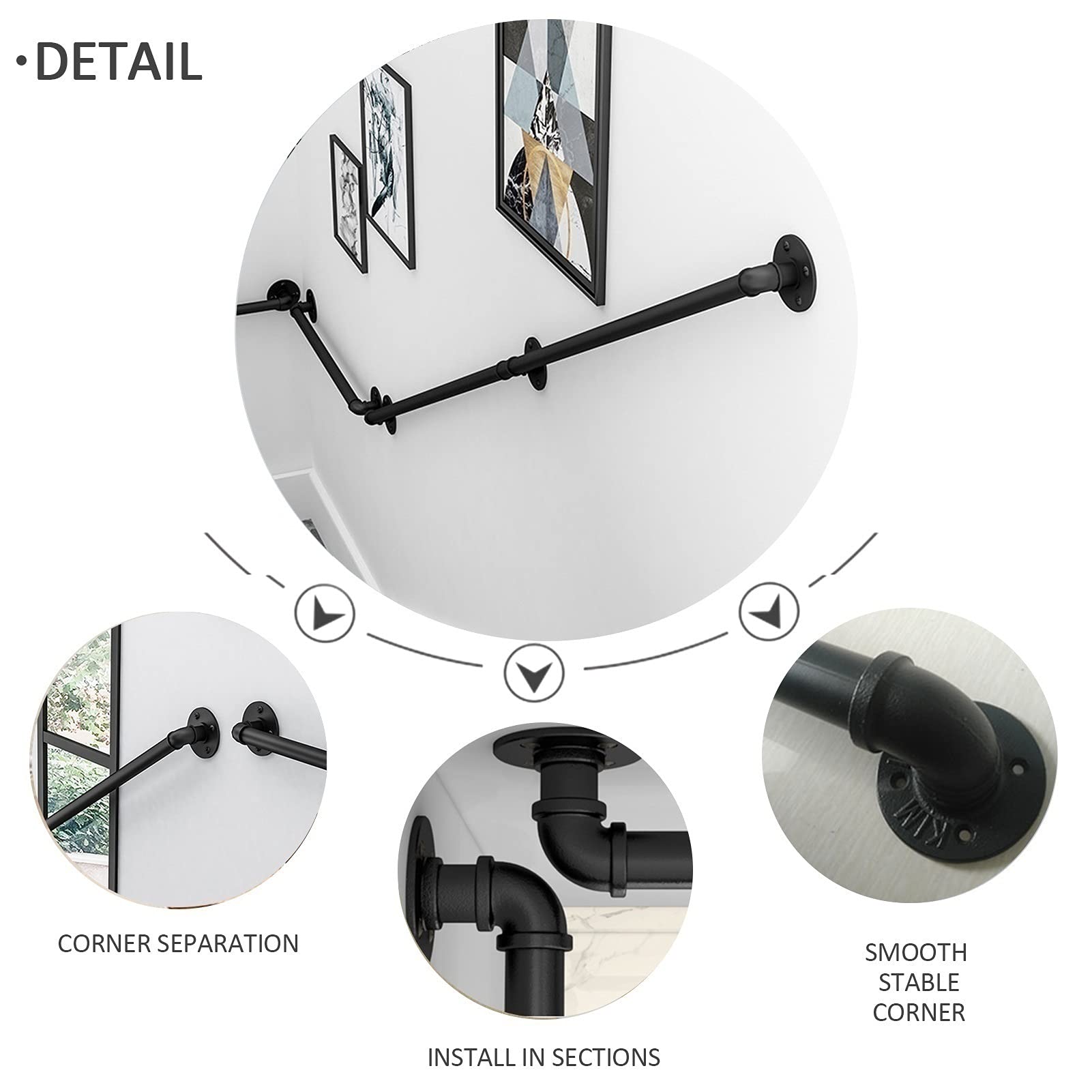 CMBSSTFC Kit de Soporte para barandilla Barra de Apoyo montada en la Pared Hierro Forjado Negro para Uso en Interiores y Exteriores Varios tamaños: 100 cm a 3,6 m