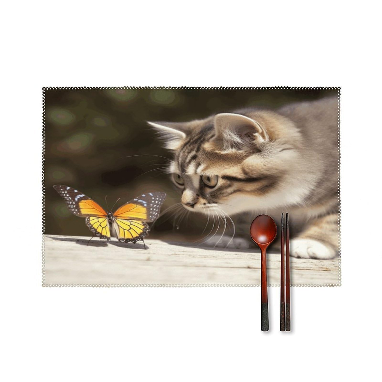 Cat and Butterfly Placemats Set of 4 Canvas Washable Cloth Place Mats Wipeable Heat Resistant Table Mats Elegant Cloth Placemat for Kitchen Dinning Party Table Decor 12" X 18"