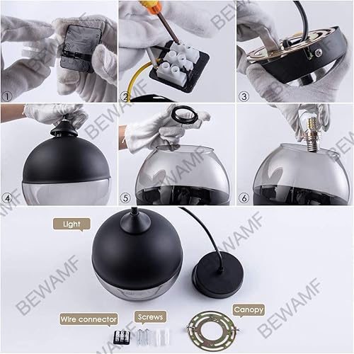 Miniatura 7 de Bewamf Moderna mini iluminación colgante con pantalla de cristal negro mate y gris Edison Loft ajustable para cocina, isla, restaurantes, hoteles,