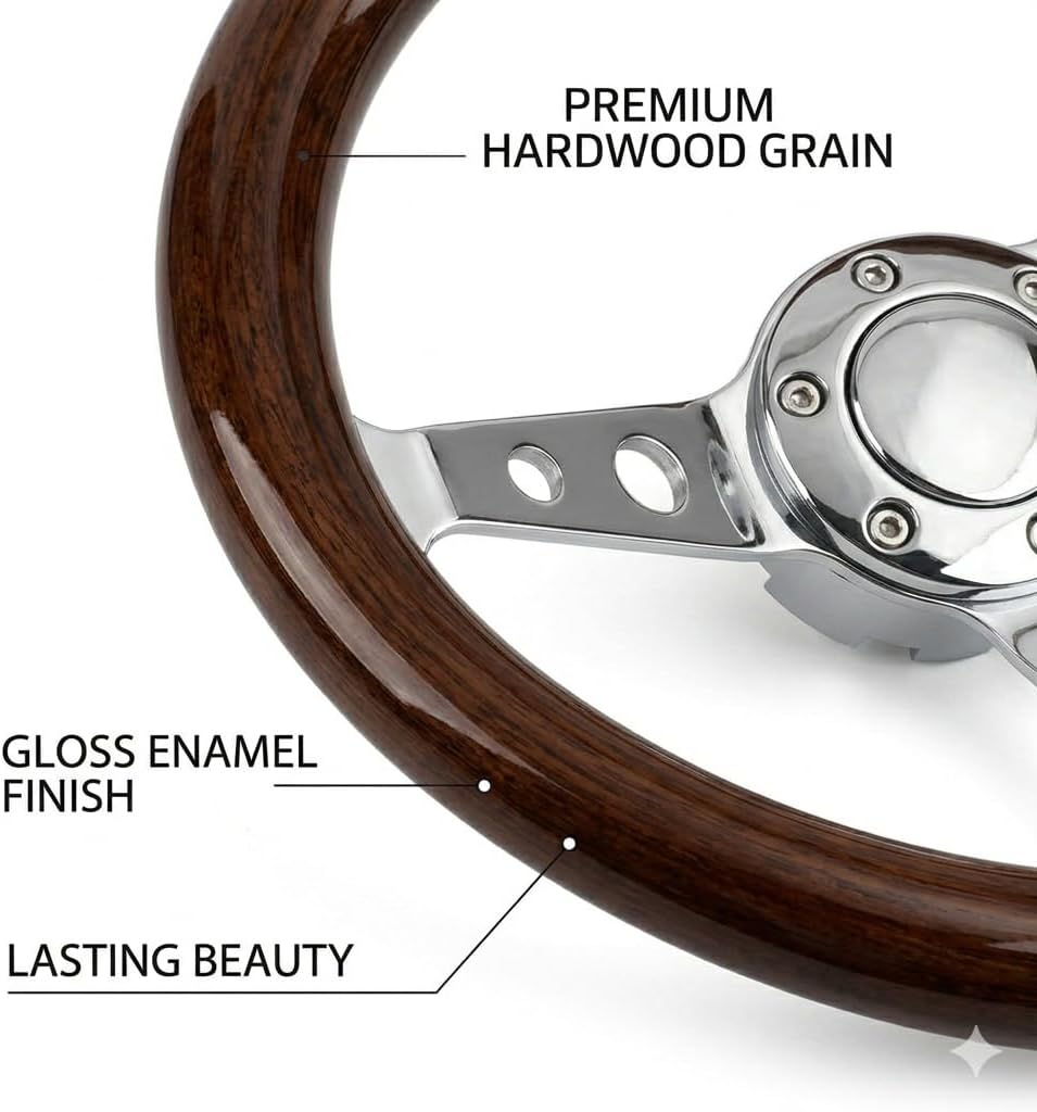 15" Solid Wood Grain Steering Wheel 380mm Universal 3 Spoke Aluminum Chrome Plated Steering Wheel with Horn button for Car Truck Boat (Round Hole)