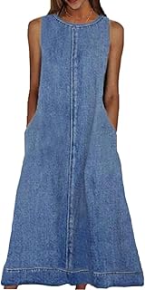 Womens Casual Sleeveless Maxi Denim Dress Crewneck Vintage Loose Long Tank Jean Dress with Pockets