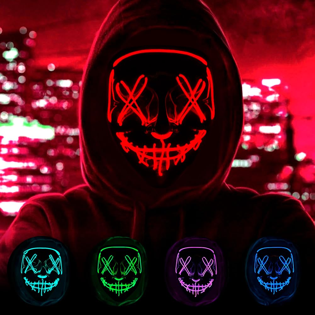 HATFRYF Halloween Skull Mask, Scary LED Halloween Mask, Halloween Face Masks for Men Women Kids, Light up Cosplay, Glowing Horror Smile, Anonymous Neon Gifts — image 1