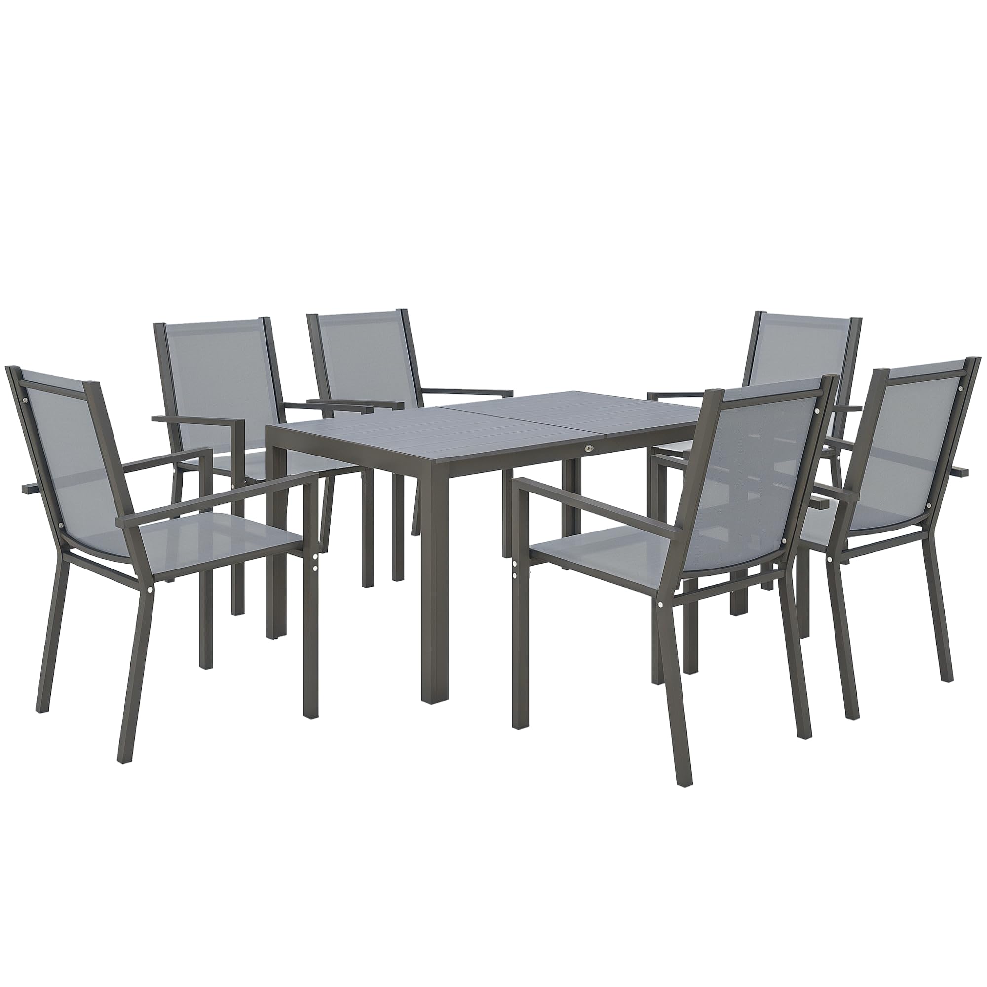 Outsunny Conjunto de Mesa y Sillas Jardín de 7 Piezas, Muebles de Jardín Exterior con 6 Sillas Apilables, Mesa con Encimera de Madera Plásticay Marco de Acero, para Terraza, Patio, Caqui y Marrón