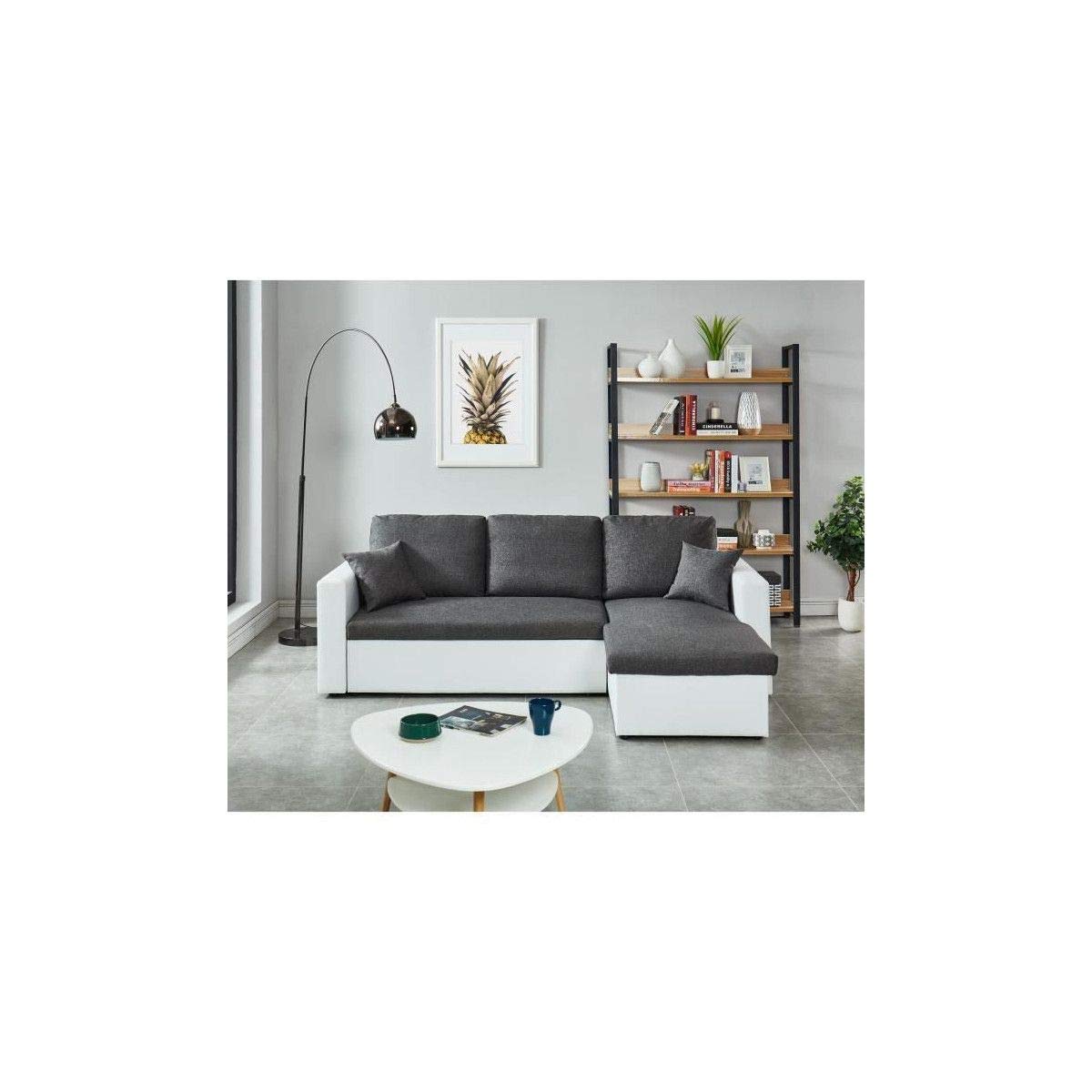BAÏTA Canapé d'angle Aspen Convertible 4 Places avec Angle réversible et Coffre de Rangement en PU et Tissu Blanc et Gris