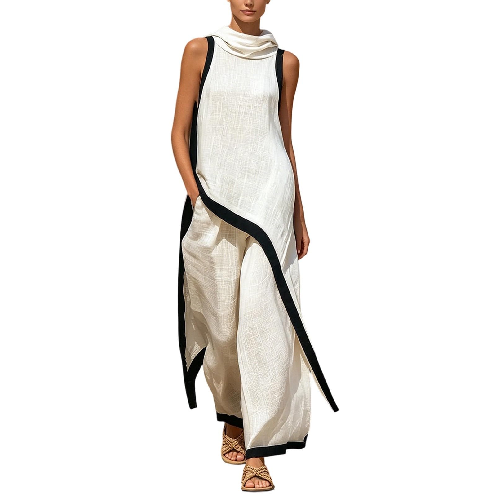Conjunto de dos piezas para mujer, elegante, sin mangas, camiseta y pantalón, traje informal de dos piezas, traje informal ligero asimétrico de verano, traje festivo para mujer, traje de