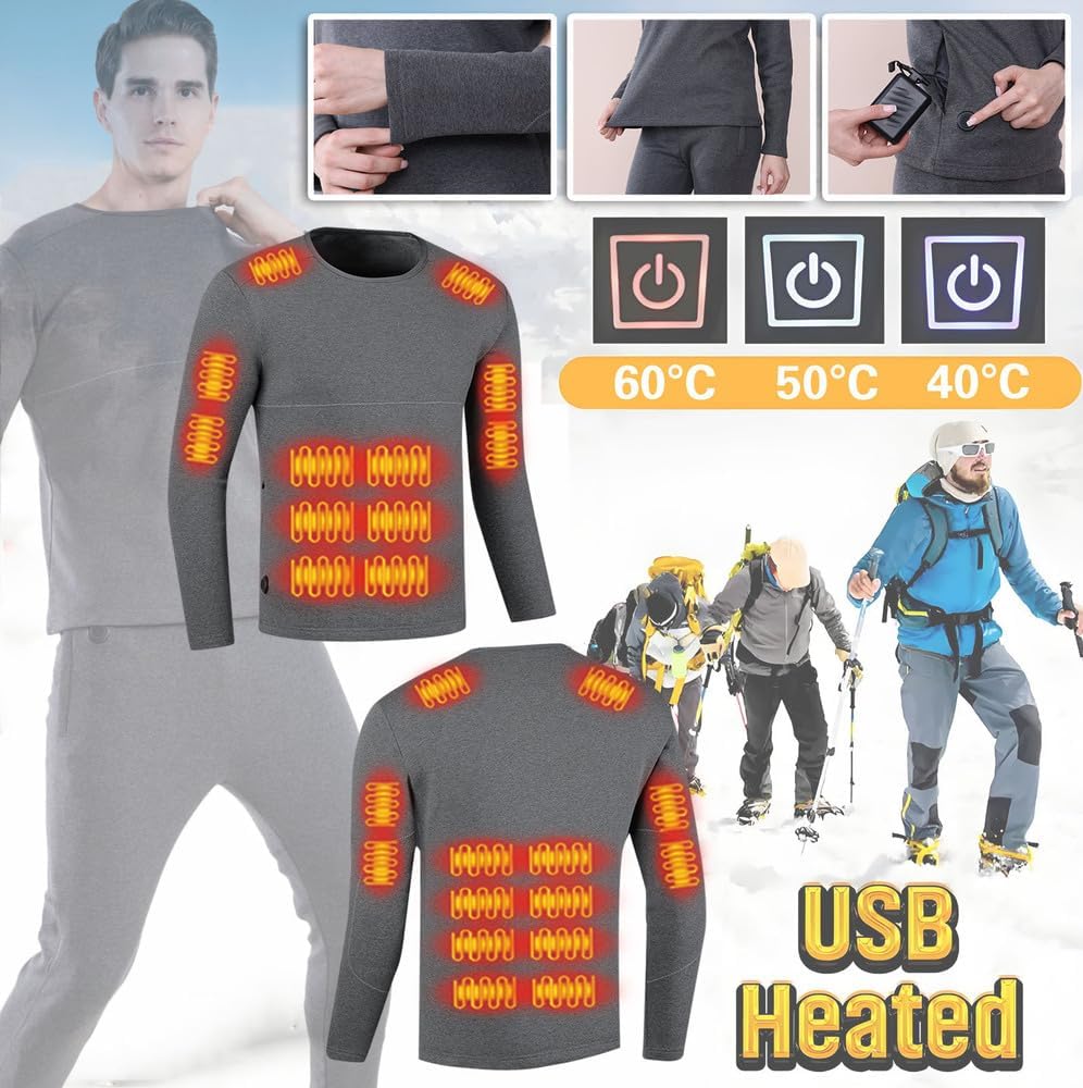 Heated thermals men USB Charge 26 Zone Intelligent Heated Skiing Thermals top Fleece lining mens thermal long sleeve shirt,for winter outdoor Work motorcycles Extremely cold weather & Grey/4XL