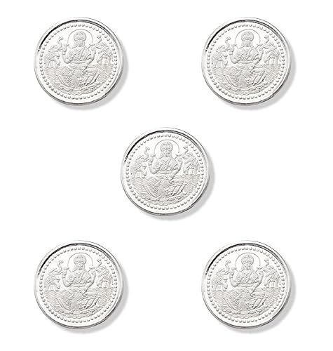 LBV 1 Gram 999 Purity Silver Laxmi Ji Coin With Little glass Bottle Of Gangajal And Round Tin Box For Pooja Room Housewarming Return Gift and Religious Occasion Set Of 5 coins
