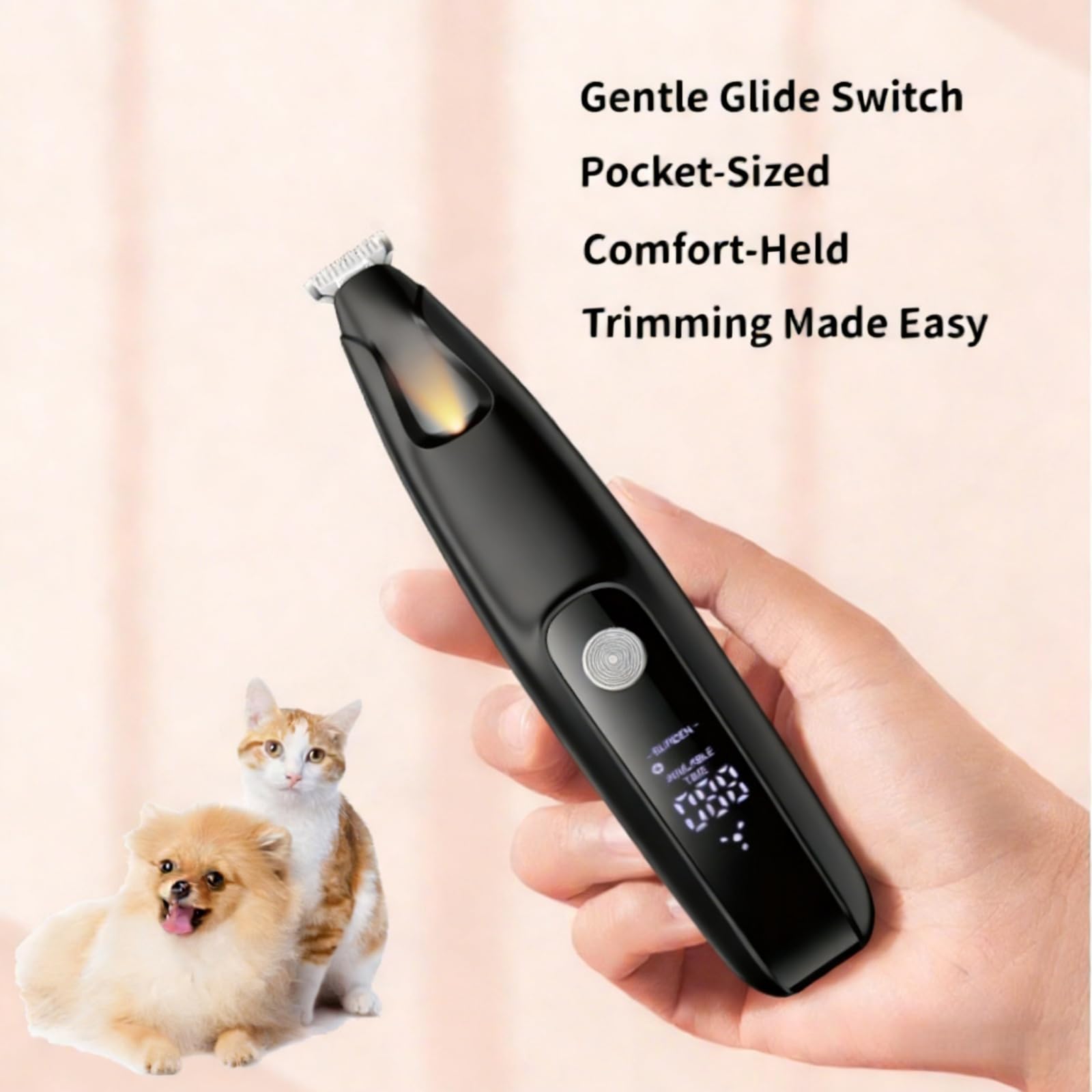 Rasoio per zampe di cane a bassissimo rumore, lama larga 18 mm con luce LED, ricaricabile tramite USB, con display a LED, per cani e gatti, nero