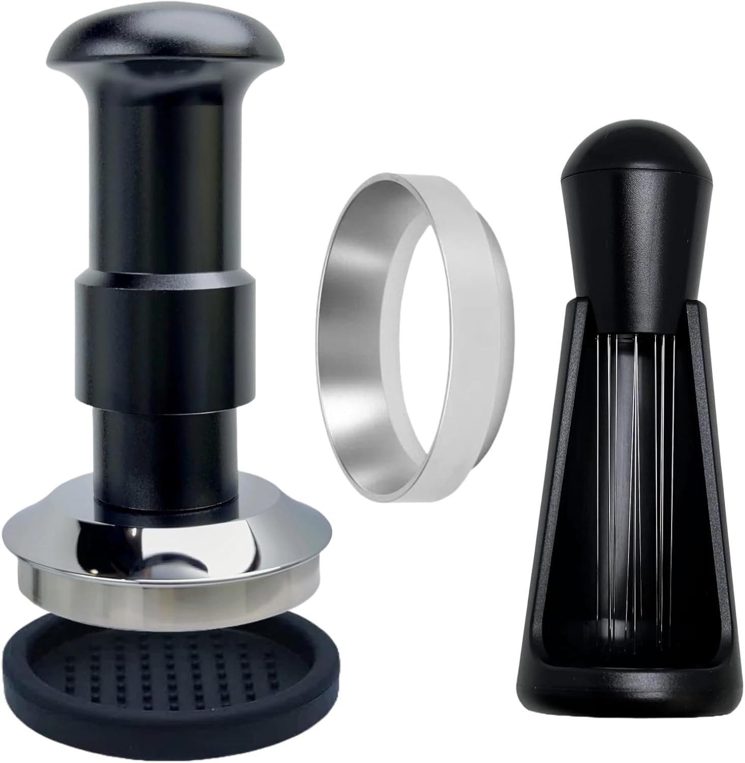 Espresso Tamper Double Spring Loaded 51/53mm with WDT Tool Espresso Accessories Kit, Stainless Steel Corrugated Base, Dosing Funnel, Tamper Mat (51mm)
