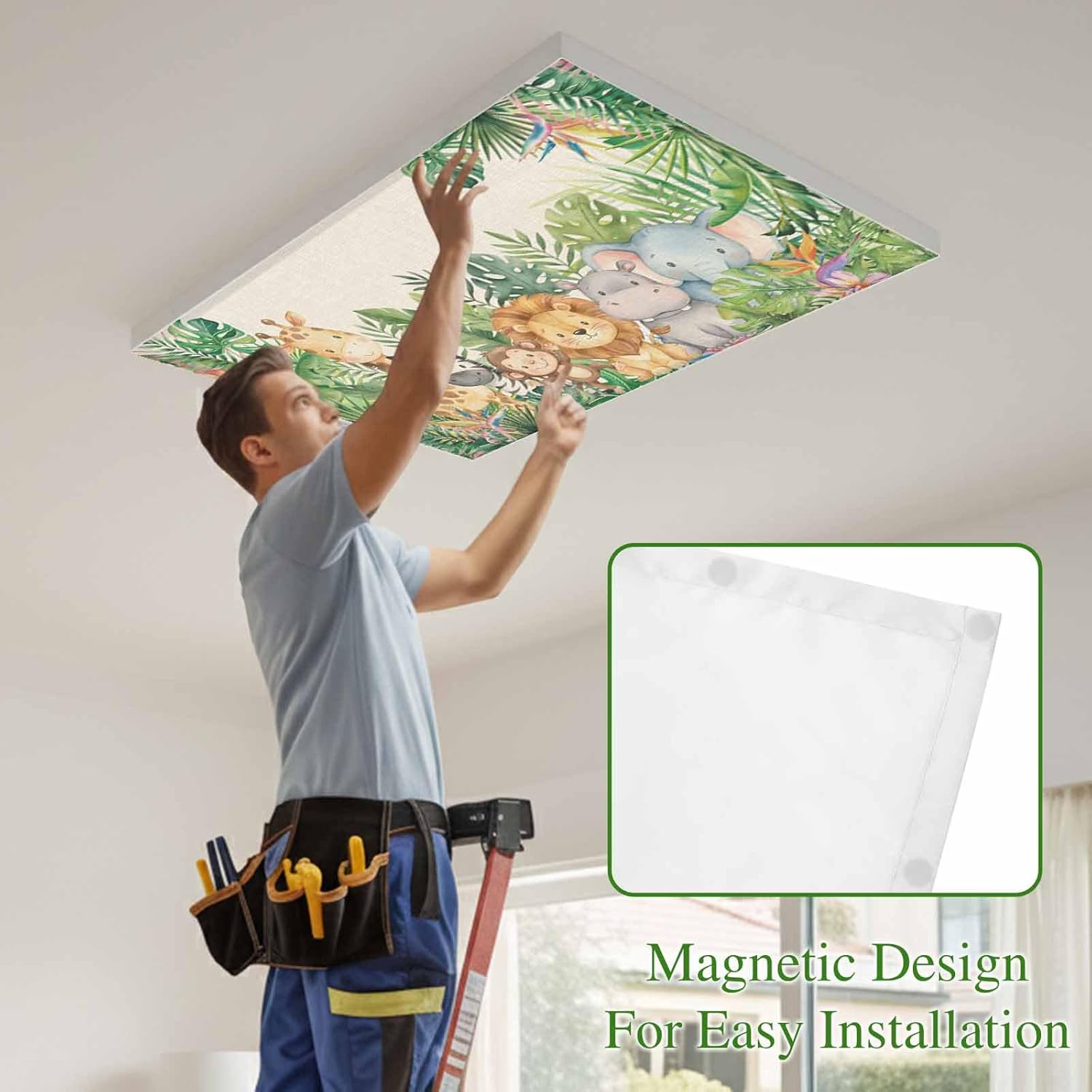 Cute Funny Animals Fluorescent Light Covers for Ceiling Lights 4x2 feet,4 Pack Magnetic Light Filters for Classroom,Summer Botanical Tropical Rustic Fluorescent Lamp Shade Panel for Office School Drop