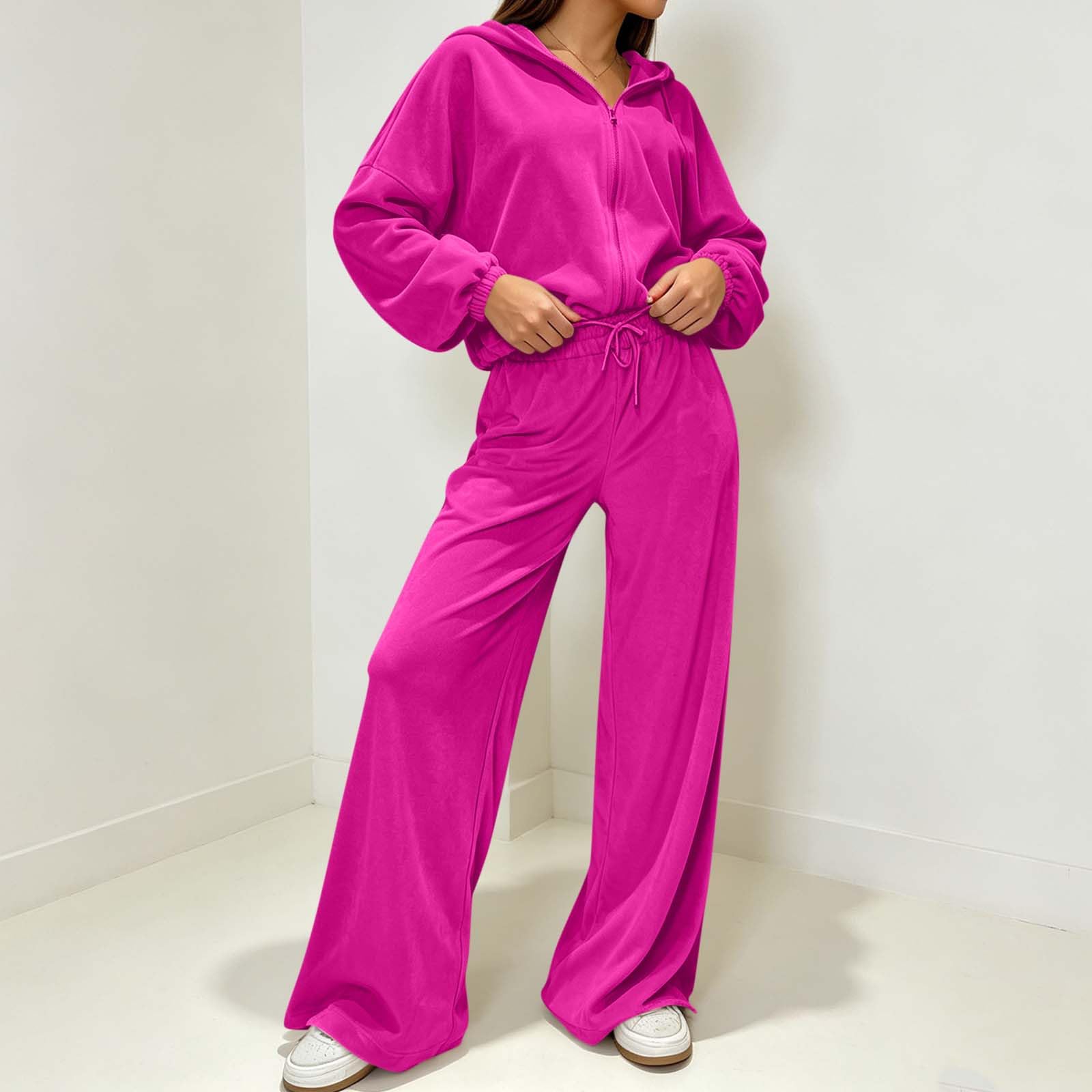Tuta da donna per il tempo libero, a maniche lunghe, in velluto, 2 | Felpa con cappuccio e pantaloni, per primavera, autunno e inverno