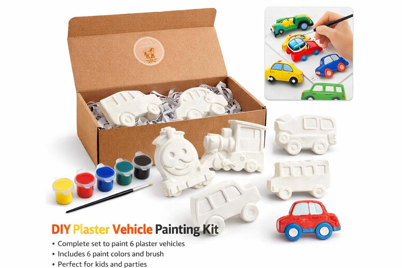 EXPESIA Craft by Hanoosh DIY Kids Painting Kit with 6 Acrylic Colours and Brush, Creative Learning Activity, Gift for Children 2+ Years (Vehicles) 2