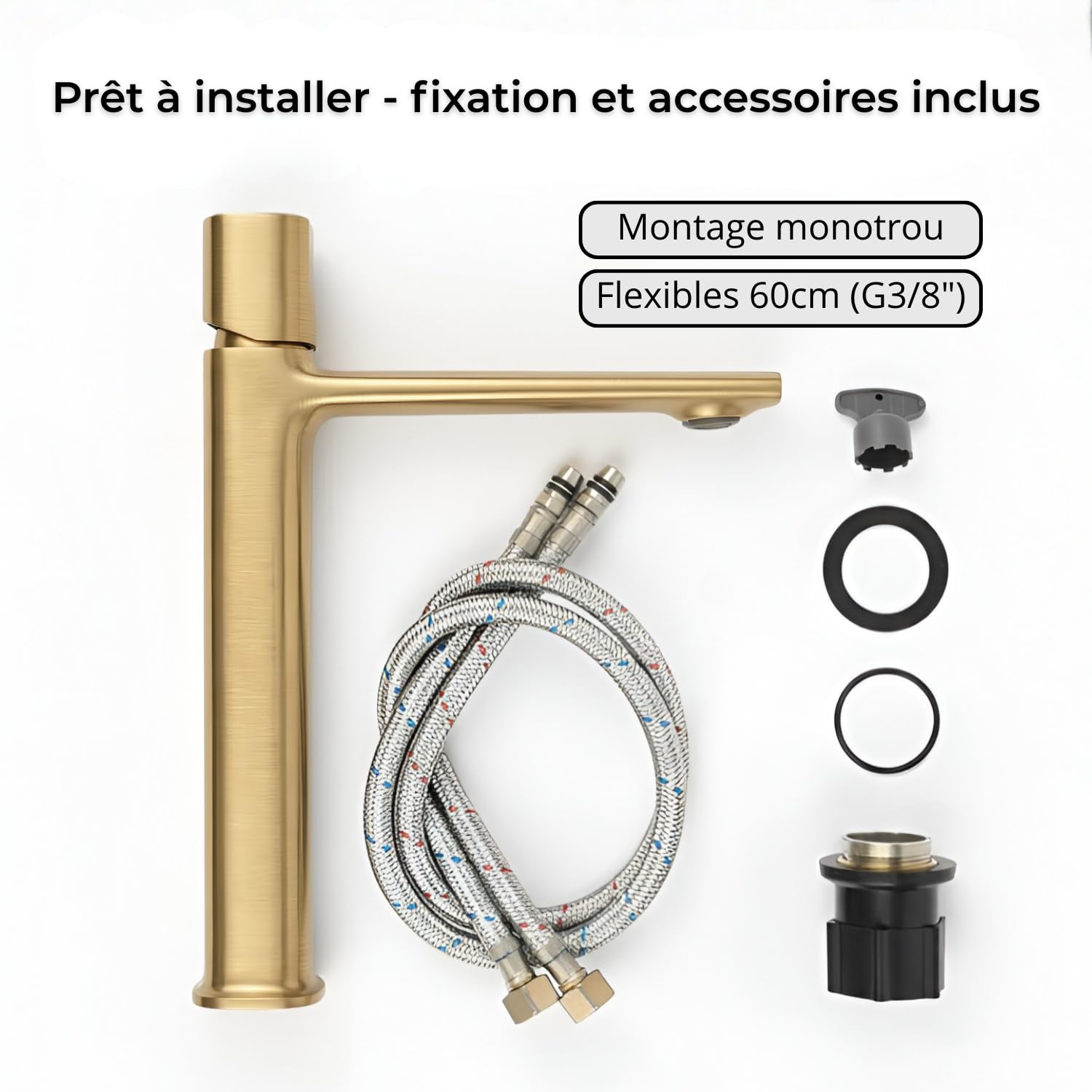FARON Mitigeur Vasque Haut pour Vasque à Poser, Robinet Lavabo Salle de Bain en Laiton Massif, Cartouche Céramique, Finition PVD Doré Brossé, Monocommande, Flexibles 60 cm Inclus