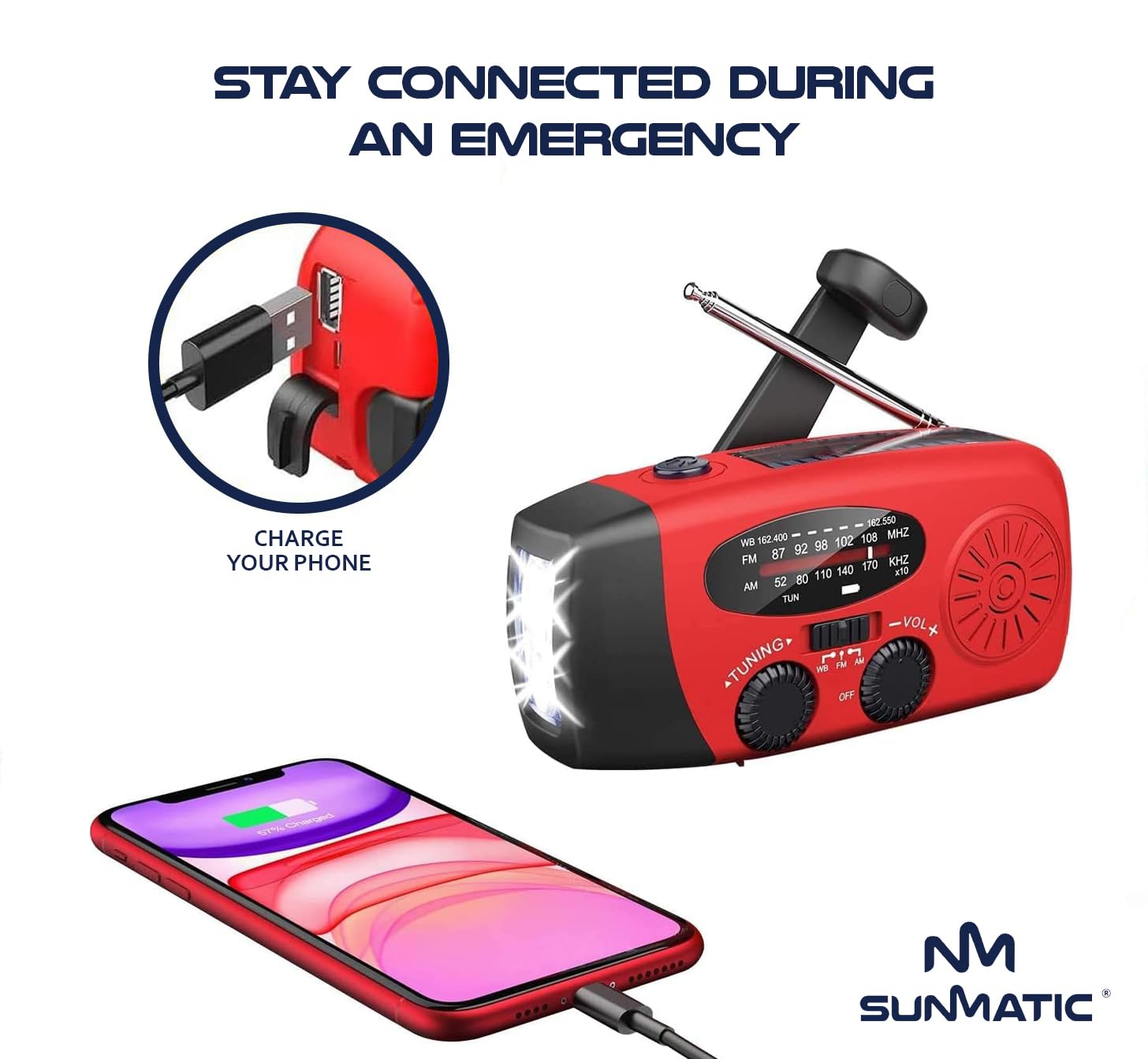 Radio d'urgence Solaire et Dynamo SunMatic – AM/FM Portable avec Lampe LED, Batterie 2000mAh, Charge USB, Radio à Manivelle, Idéal pour Camping, Randonnée, Panne de Courant et Kit de Survie