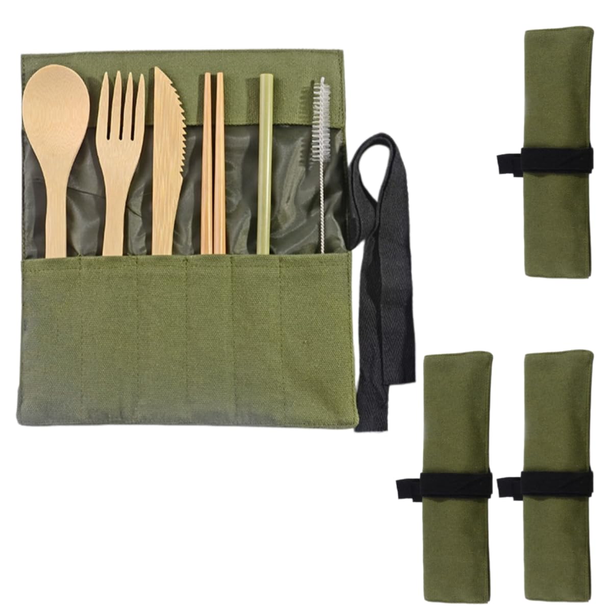 Cucchiai E Forchette Di Legno Set Di Posate Portatili Da Esterno In Bambù Coltello Forchetta Cucchiaio Bacchette Con Sacchetto In Tela Di Paglia Verde 4 Set
