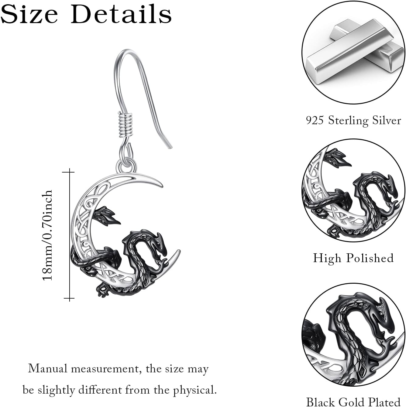 OHAYOO Dragon Earrings 925 Sterling Silver Celtic Knot Dragon Crescent Moon Drop Earrings, Black Flying Dragon Dangle Earrings Chinese Dragon Christmas Jewelry Gifts for Women Friends