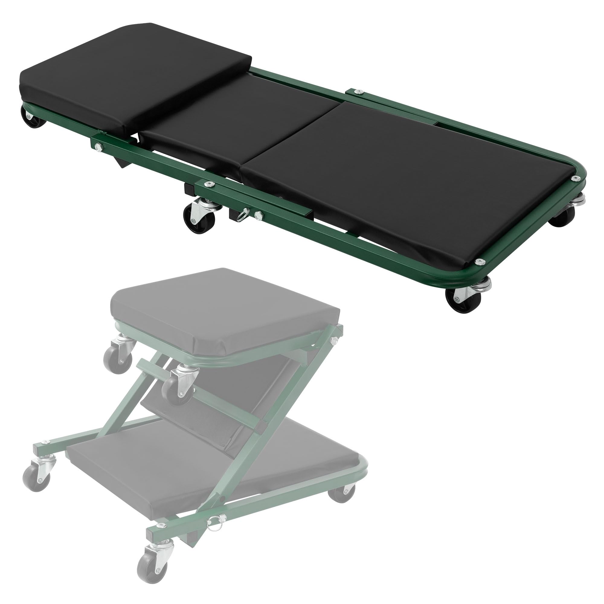 ECD Germany siedzisko montazowe i rolkowa deska warsztatowa 2w1 ze stali zielona skladana 360° stolek warsztatowy i lezanka warsztatowa do 150 kg idealna do napraw samochodów wymiany opon i serwisu