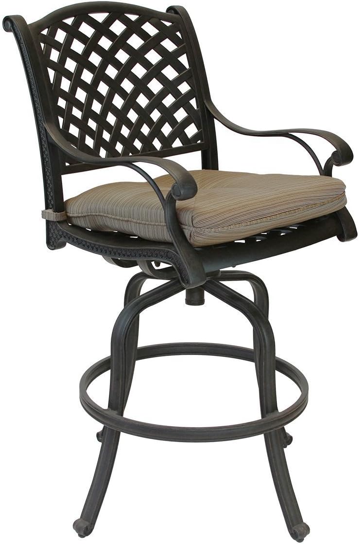 Nassau Outdoor Patio 4 Swivel Barstools 30" High Cast Aluminum Dark Bronze, Walnut Cushions