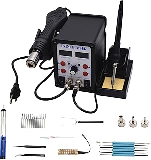 898D 110V Solder Station, 2 in 1 SMD Hot Air Rework Station Solder Gun and Soldering Iron with 12pcs Soldering Tips,Tweezers, Desoldering Pump