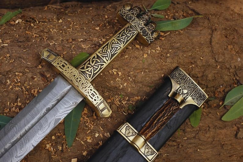Handmade Castle Keep Viking Sword, Medieval, Norse Sword with Ornate Wooden Scabbard with Stag Horn and Gold-Tone Detailing