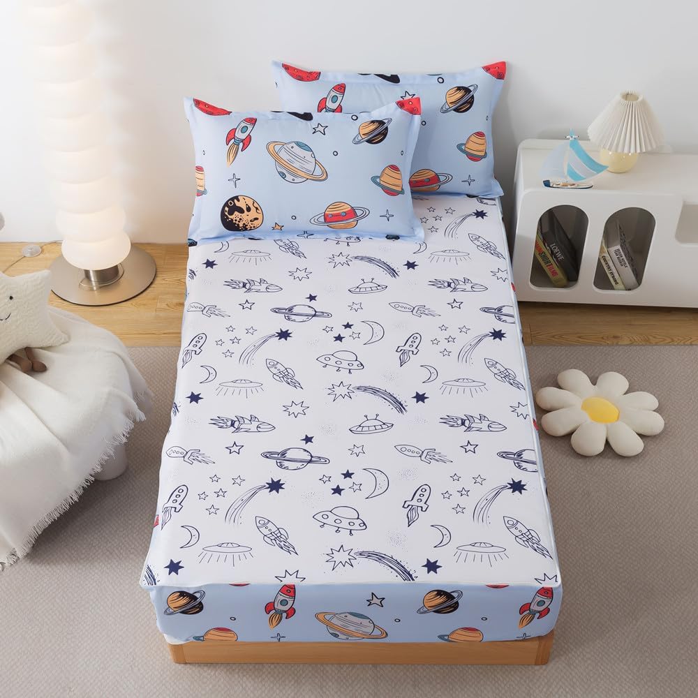 Zipper Twin Bedding Set for Boys Outer Space Comforter Zip Up Bedding Kids Girls Planets All in One Zipper Bed Set with Rocket Sheets Soft Microfiber Universe Galaxy Bed in A Bag for Home