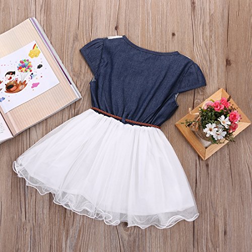 LXXIASHI Toddler Kids Baby Girls Princess Dress Denim Top Floral Tutu Skirts Stitching Clothes (4-5 Years, Lace-White)