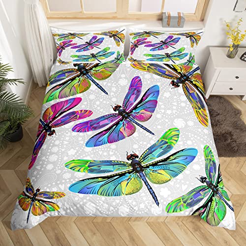 Rainbow Dragonfly Bedding Set Watercolor Rustic Aesthetic Animal Comforter Cover,Exotic Bohemian Paisley Duvet Cover Luxury Boho Floral Quilt Cover Colorful Dragonflies Room Decor Twin Size