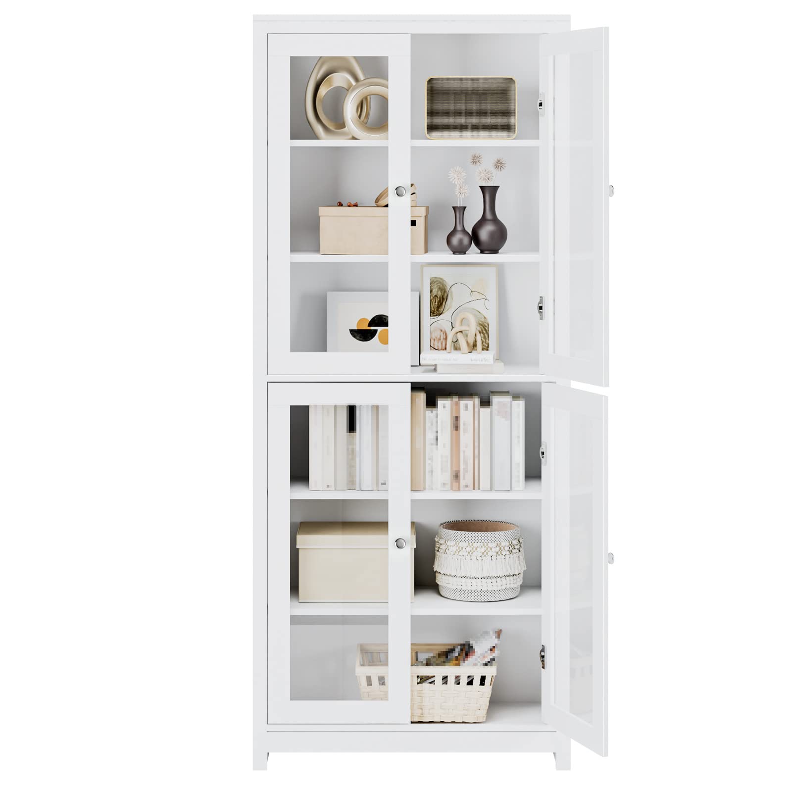 FOREHILL 190cm Libreria Vetrina Espositiva Alta,Armadietto con Vetrina Armadietto Laterale,Credenza Cucina con 4 Ante in Vetro 6 Scomparti,Vetrinetta per Soggiorno, Camera, Ufficio Bianco
